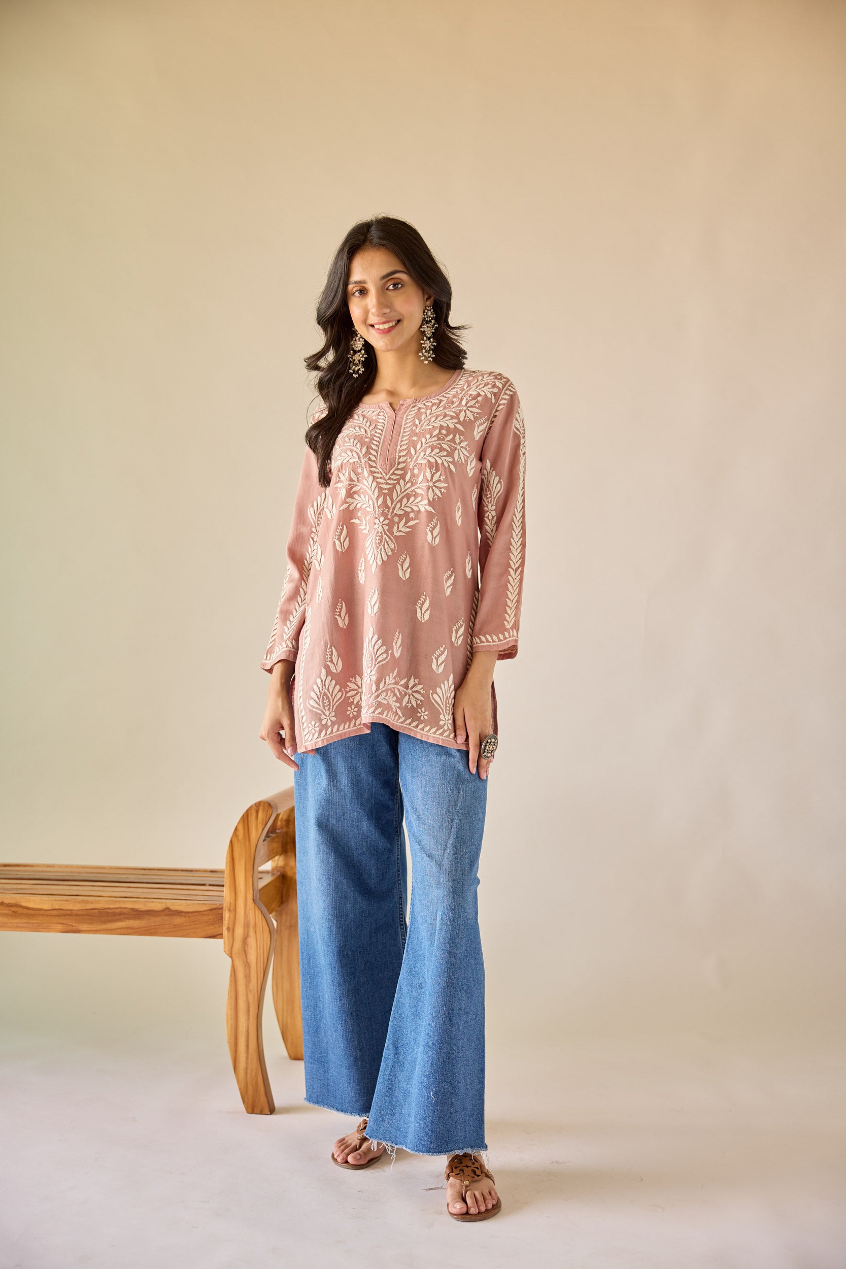 Mallika Brown Chanderi Hand Embroidered Short Chikankari Kurti