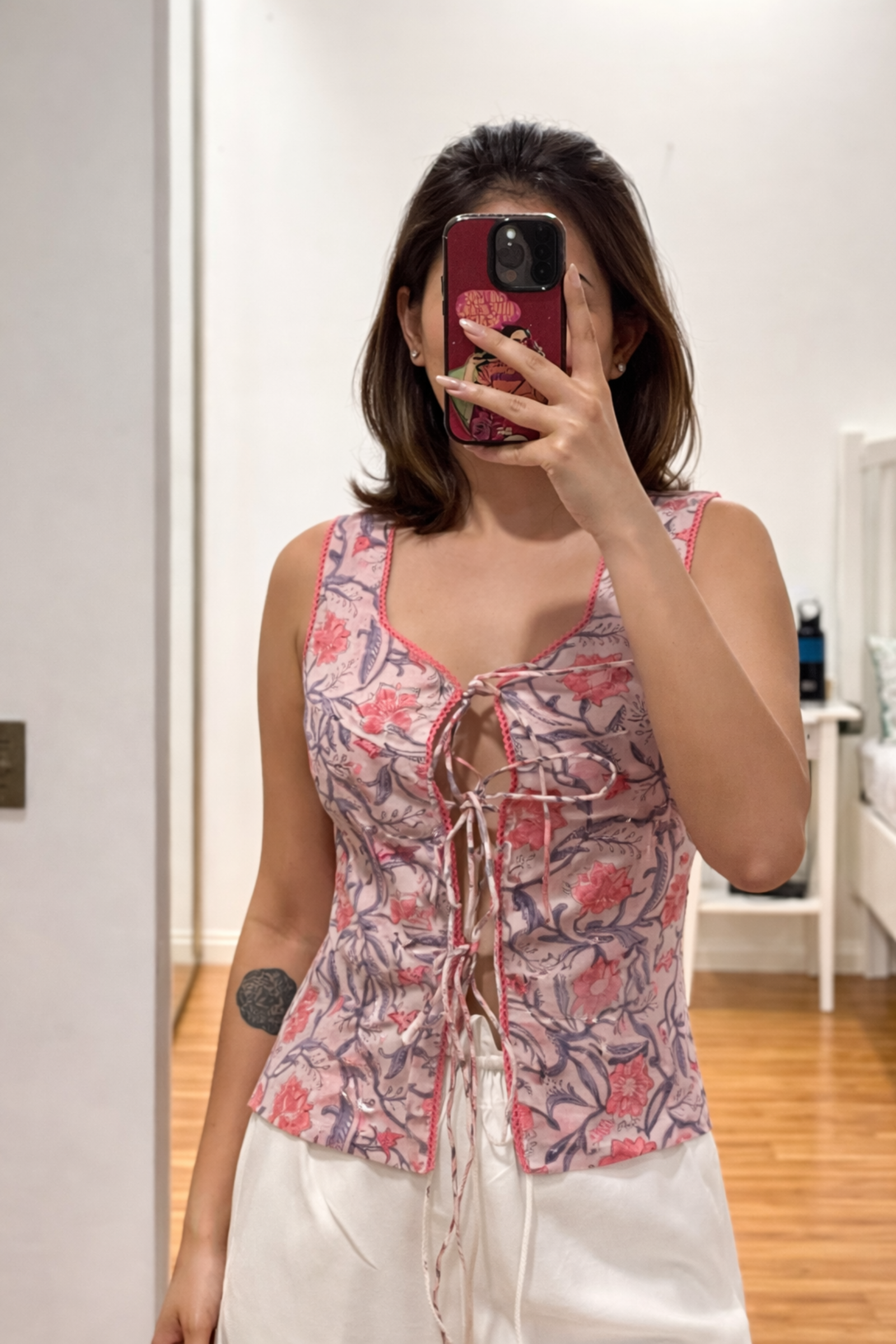 Itikaa Beige & Pink Cotton Drawstring Sleeveless Top