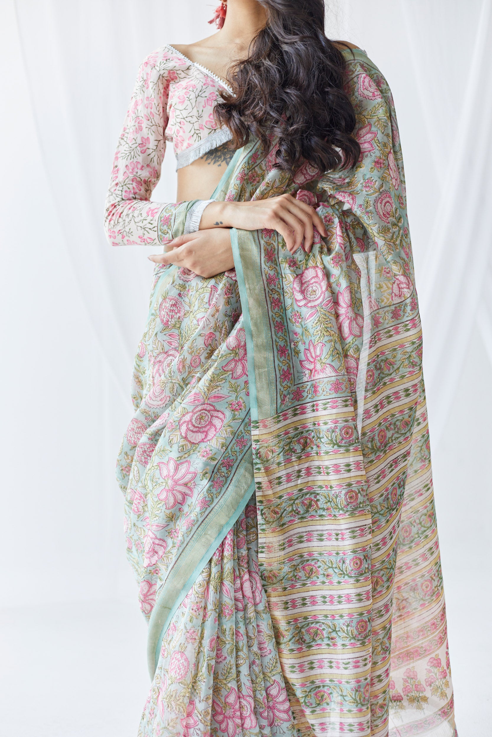 Roza Green & Pink Printed Chanderi Silk Saree