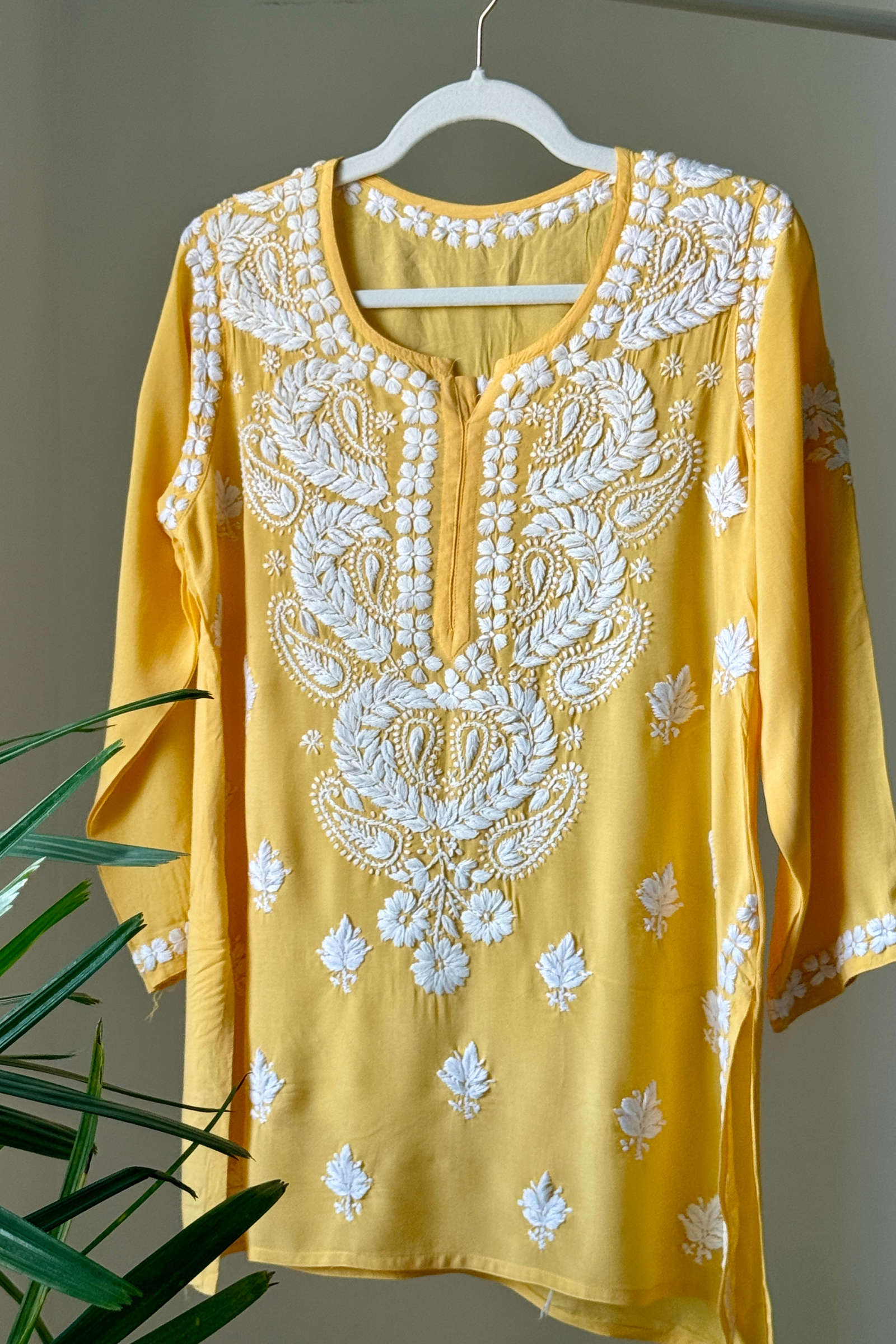 Wahida Yellow Modal Hand Embroidered Short Chikankari Kurti