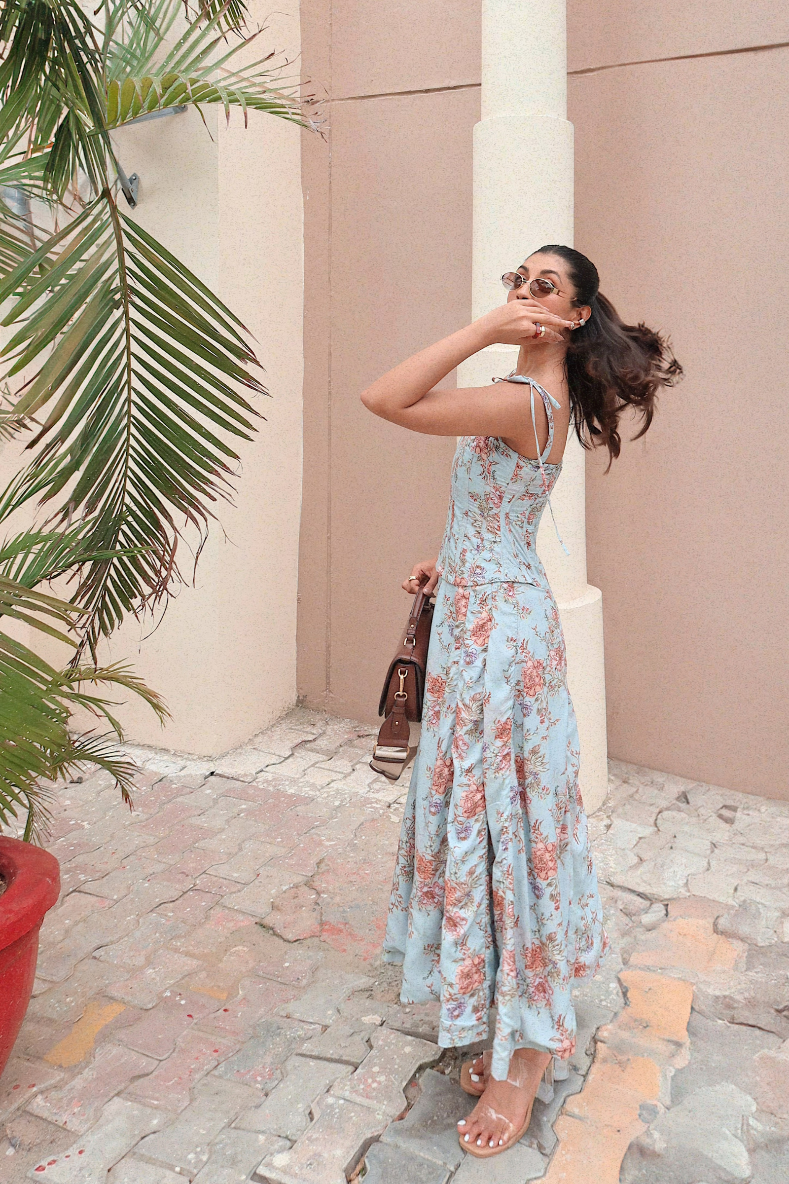 Emily Blue Floral Midi Dress with Corset Jacket