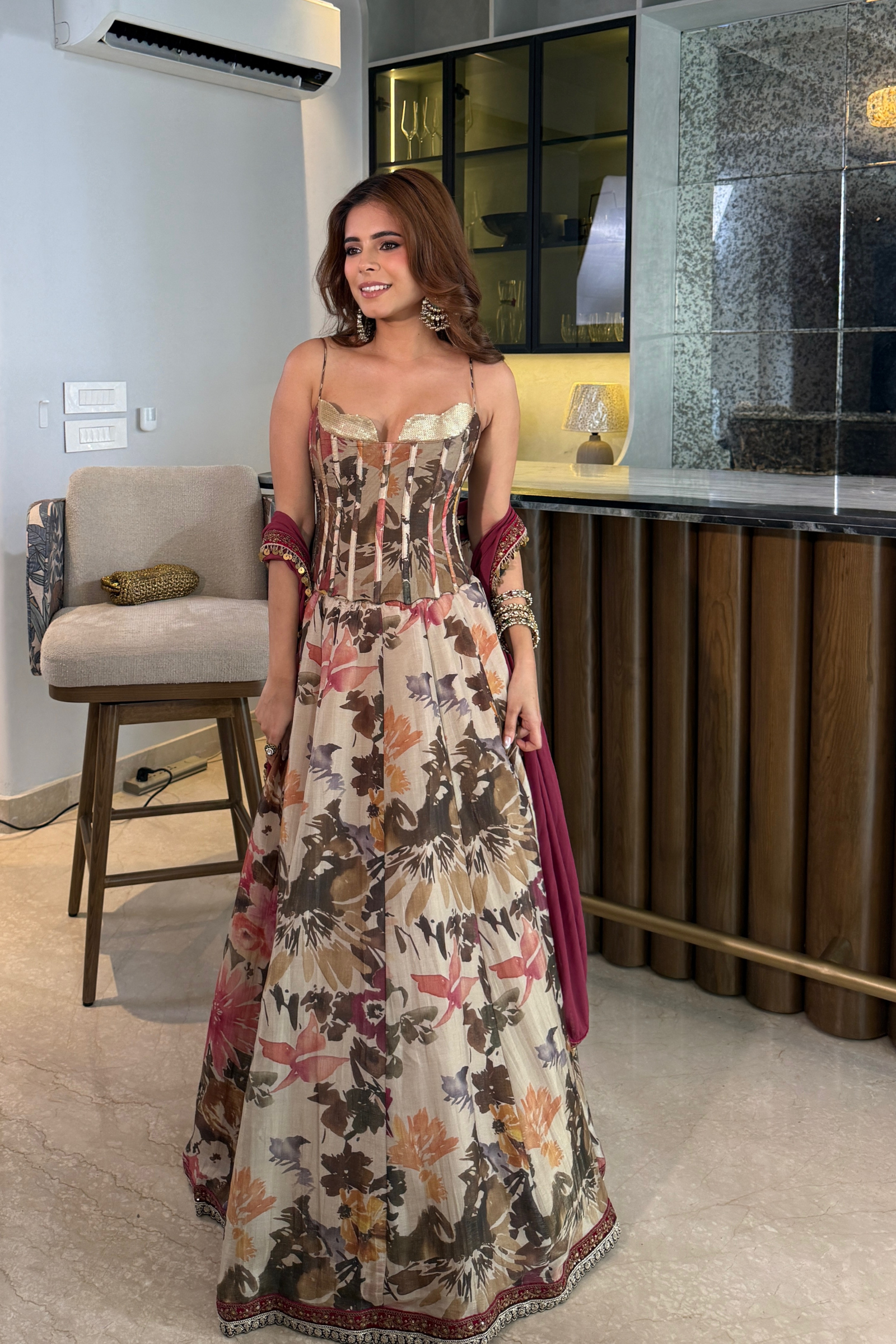 Maha Beige & Maroon Sequinned Corset Tissue Lehenga Set