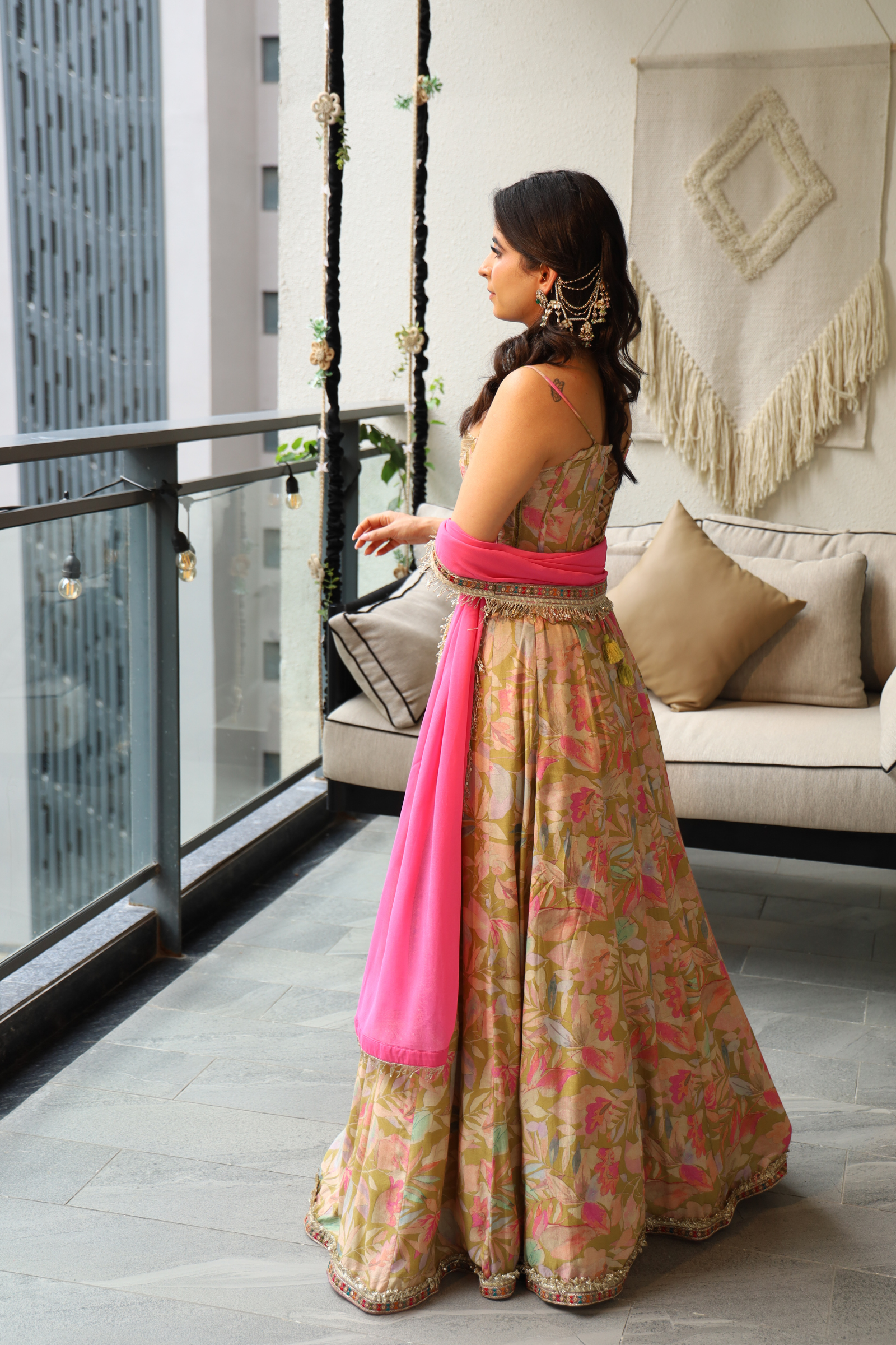 Zara Olive Green Sequinned Corset Muslin Lehenga Set