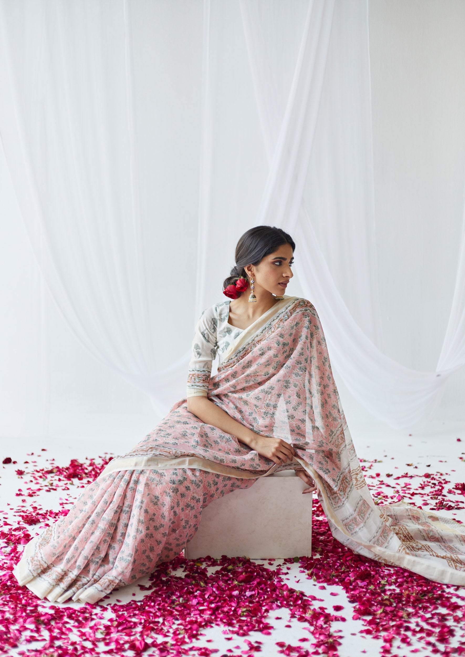 Nasrine Pink & White Printed Chanderi Silk Saree