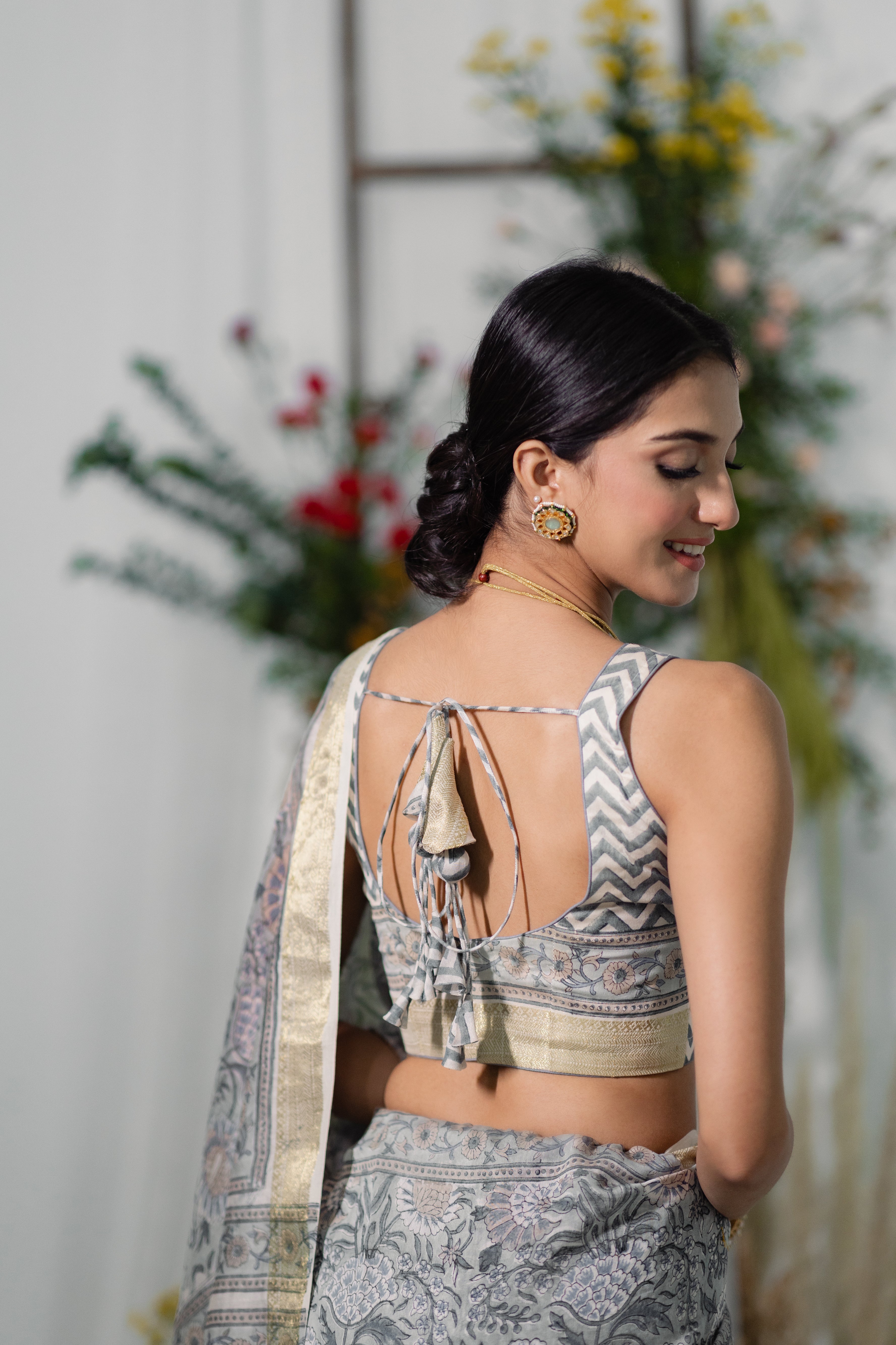 Bouganvillea Grey Printed Chanderi Silk Saree