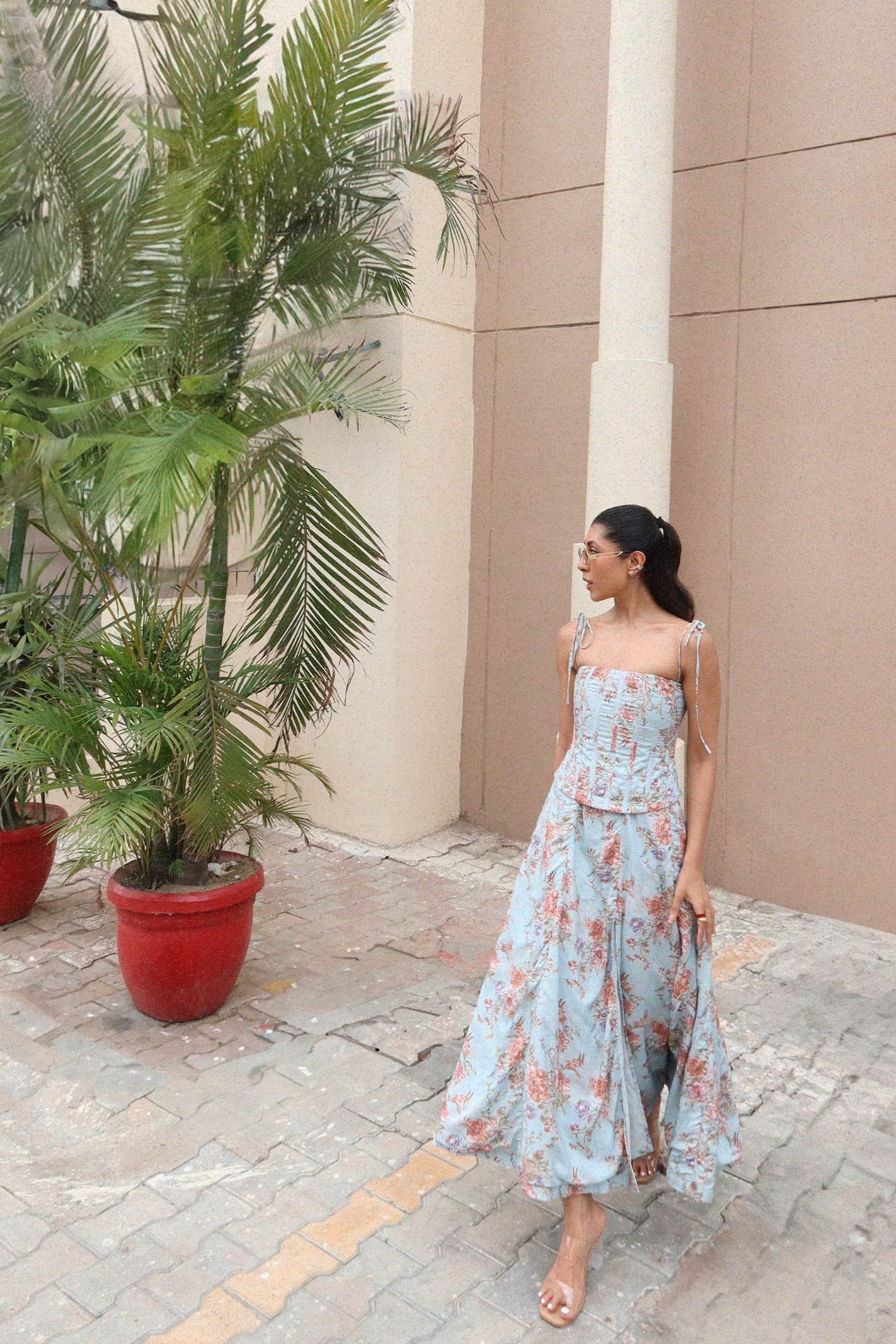 Emily Blue Floral Midi Dress with Corset Jacket