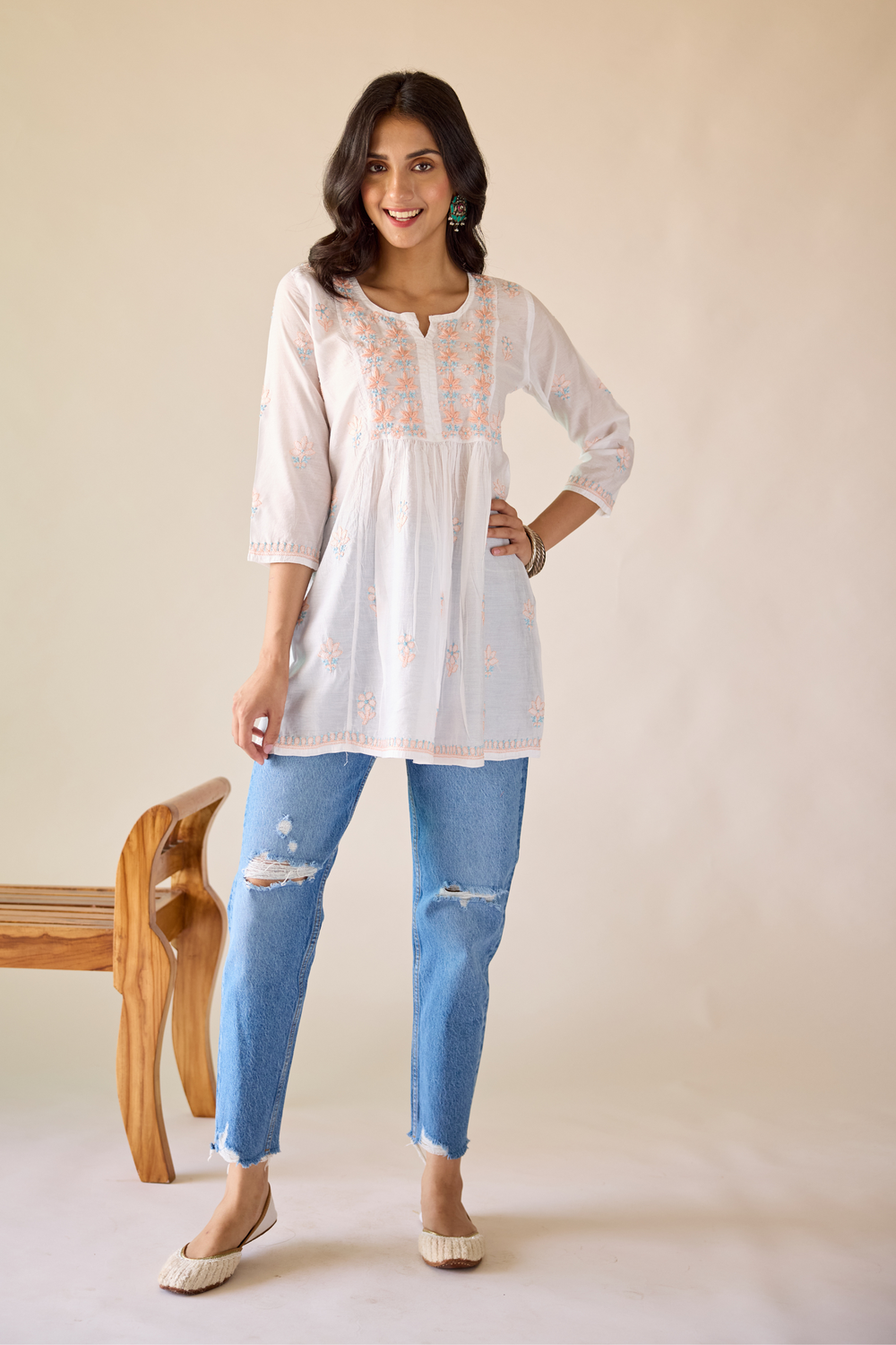 Tunic Style Chanderi Silk Chikankari Short Kurta - WHITE