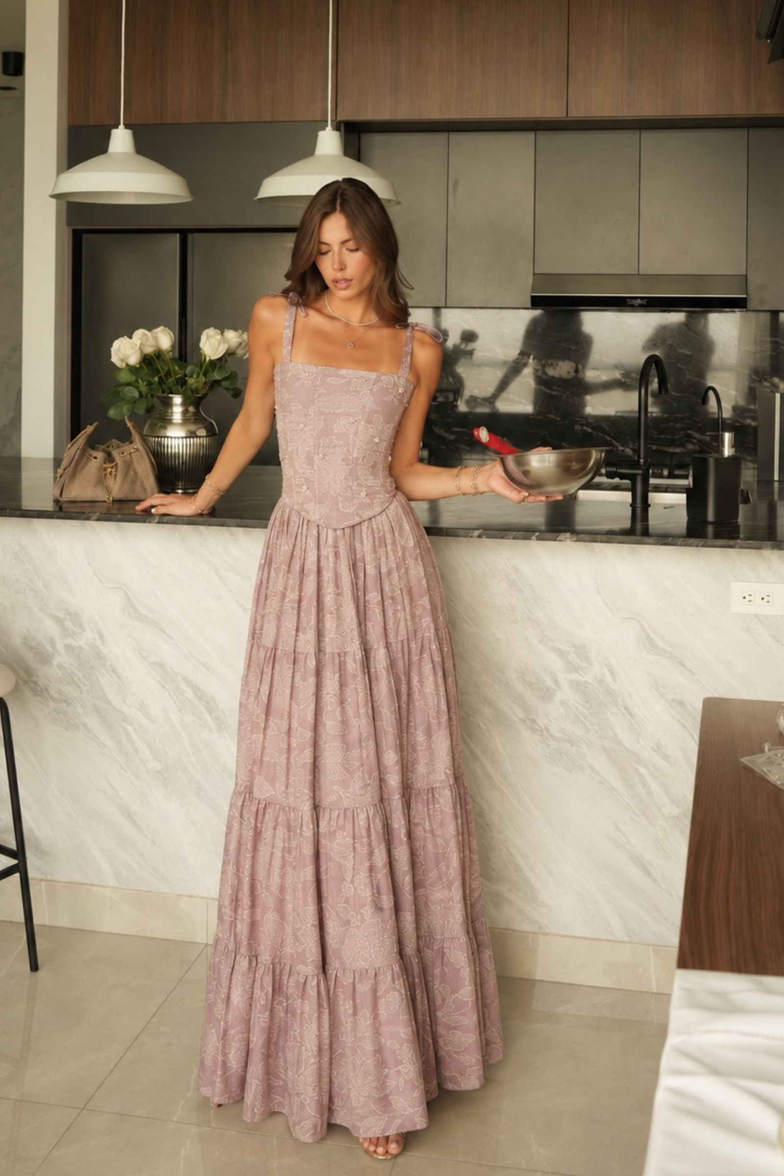 Sydney Lilac floral tiered long skirt