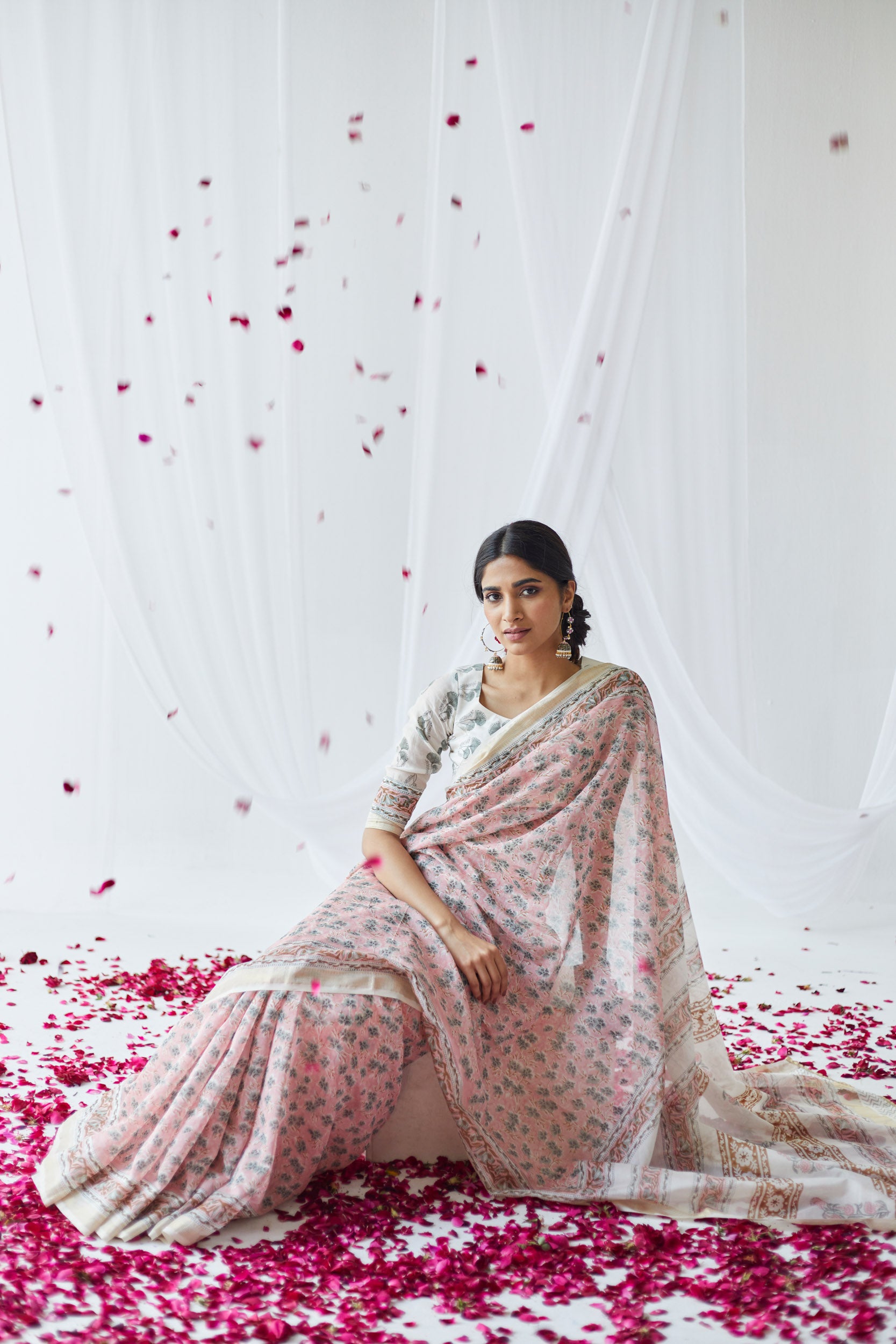 Nasrine Pink & White Printed Chanderi Silk Saree