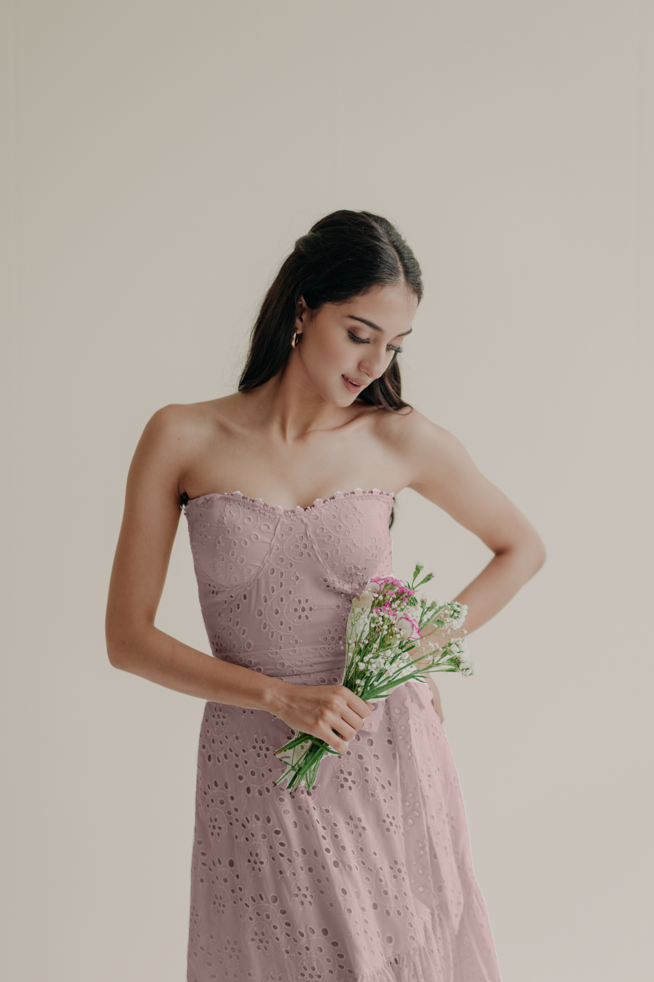 Janine Dusty Pink Schiffli Corset Midi Dress