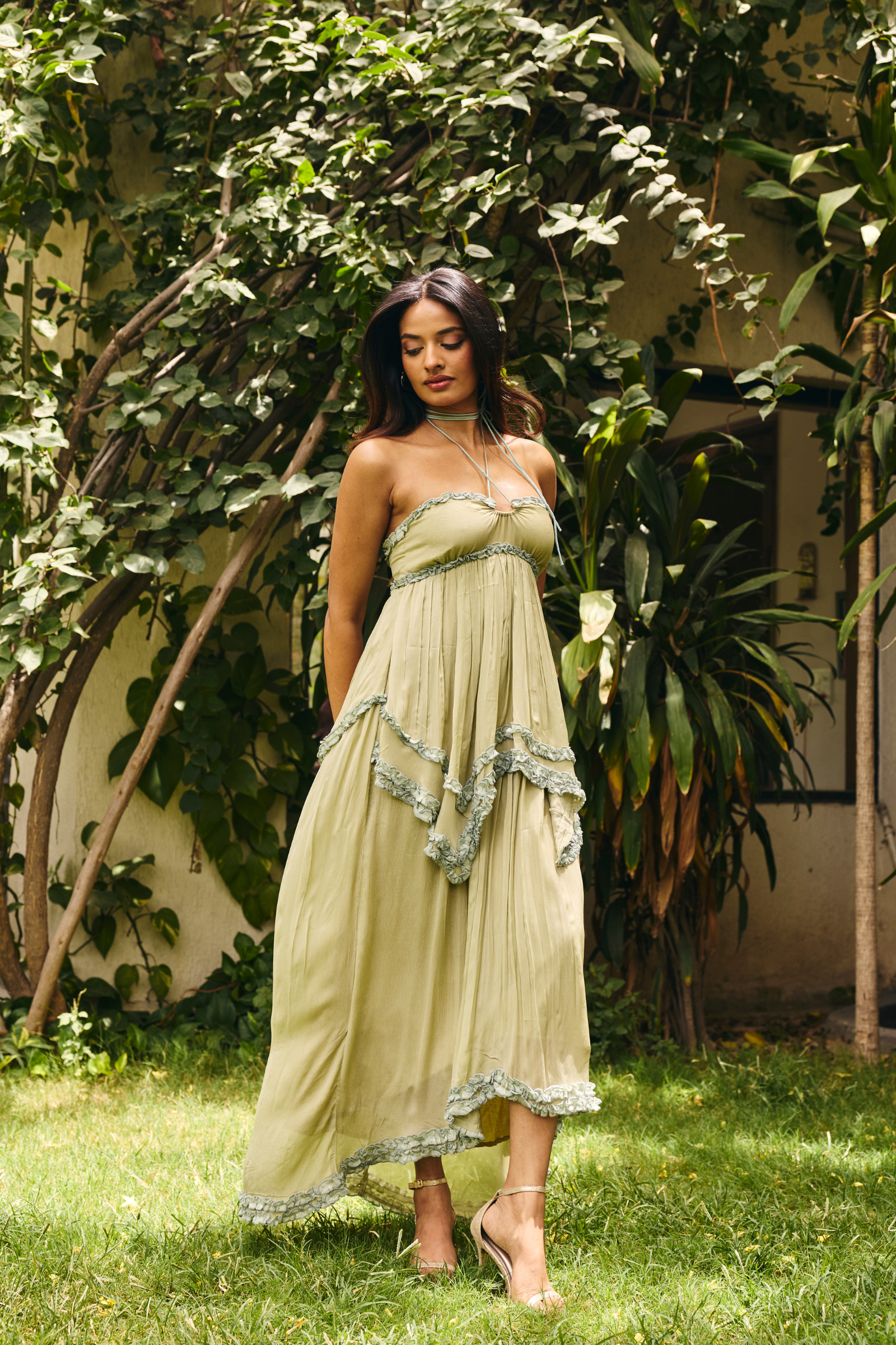 Mallorca Sage Green ruffle Midi dress