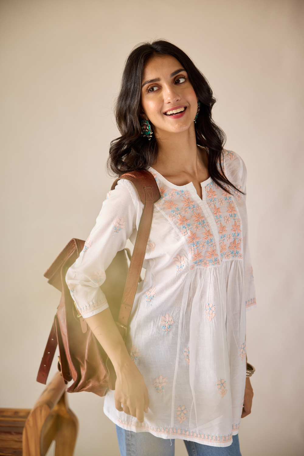 Deepa White Chanderi Hand Embroidered Short Chikankari Kurti