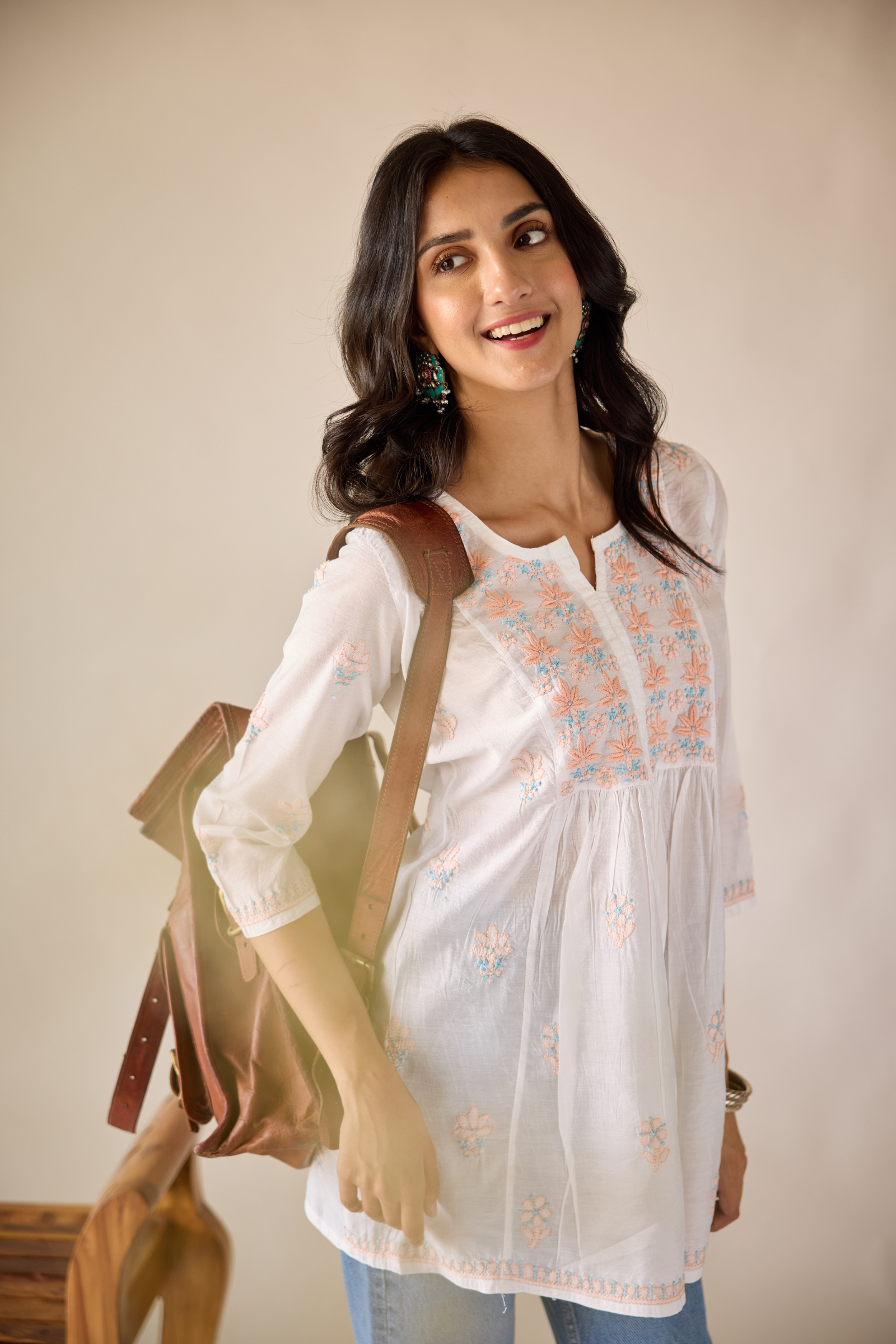 Deepa White Chanderi Hand Embroidered Short Chikankari Kurti