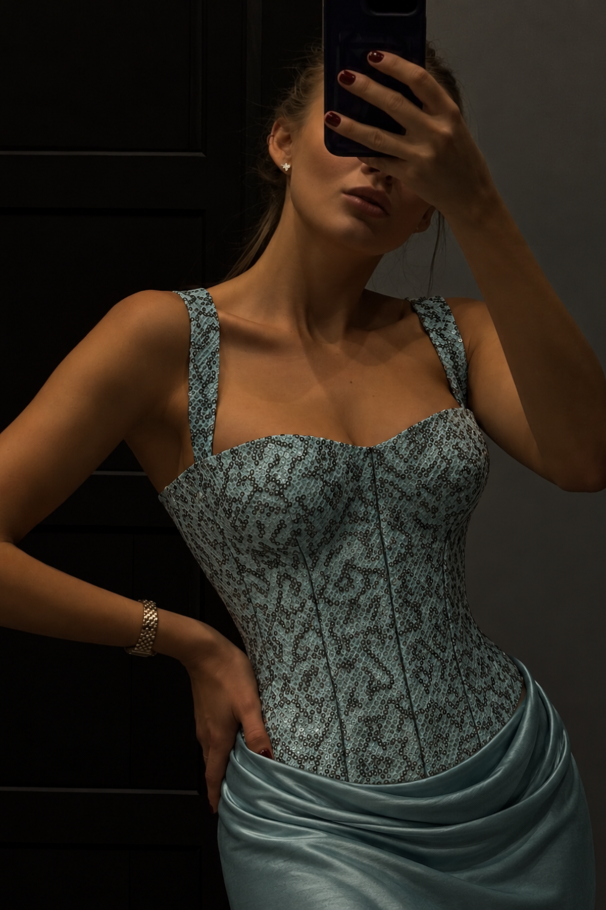 Mastani Powder Blue Sequin Corset Top with Lace-Up Back