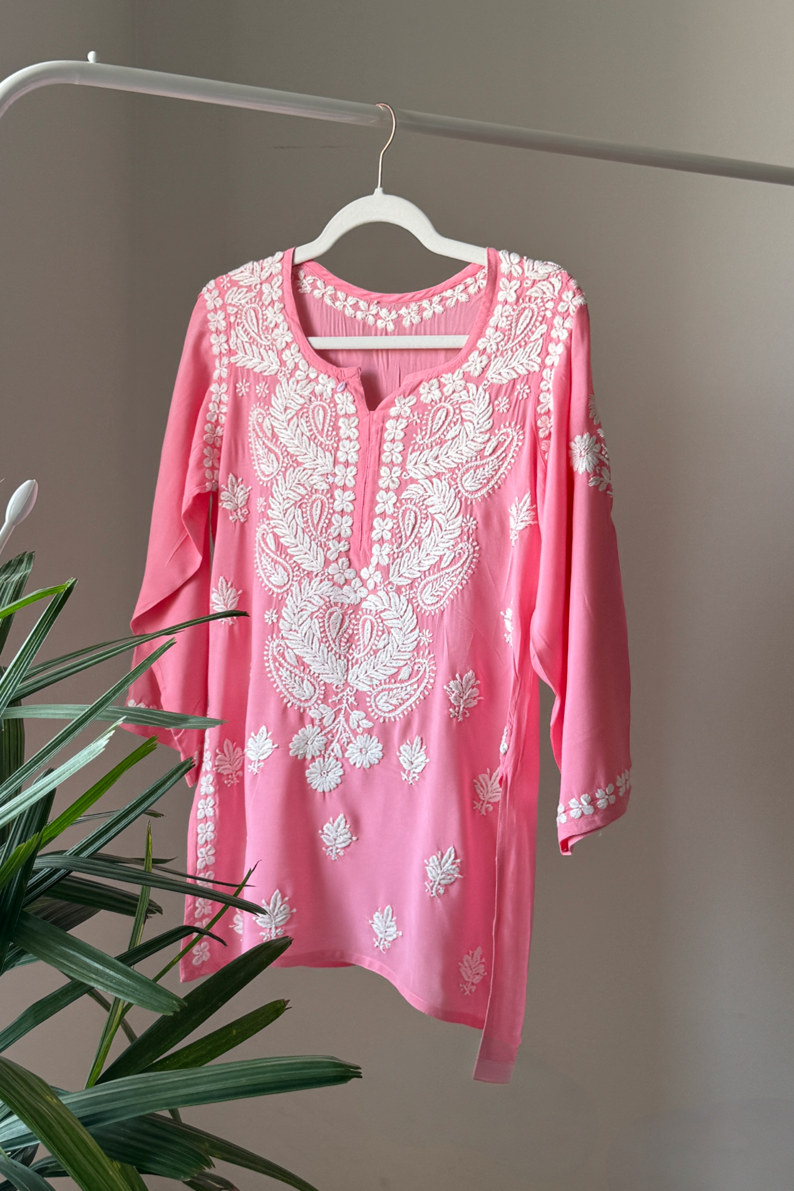 Adeela Dark Pink Modal Hand Embroidered Short Chikankari Kurti