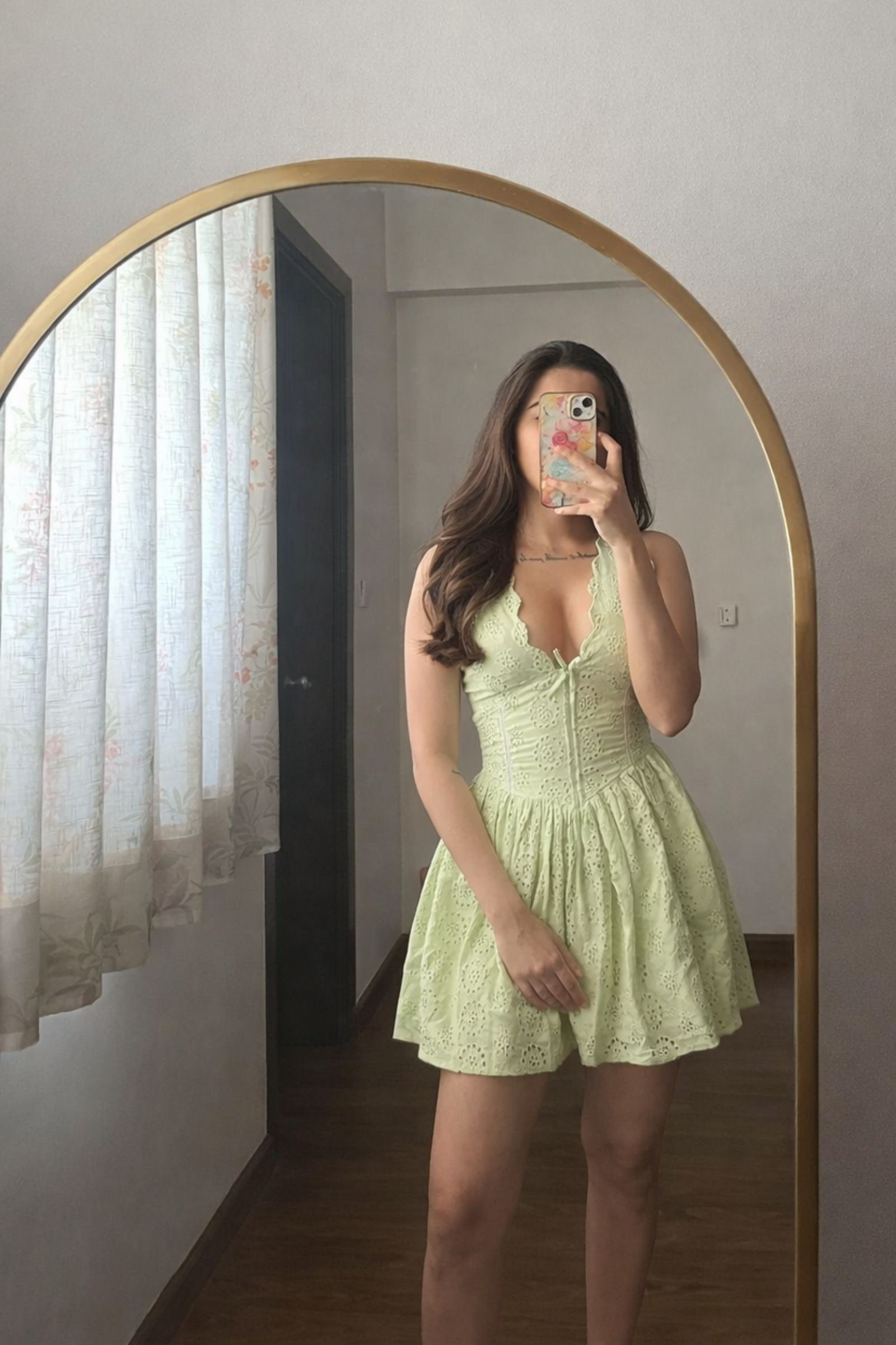 Kourtney Green Eyelet V-Neck Sleeveless Mini Dress