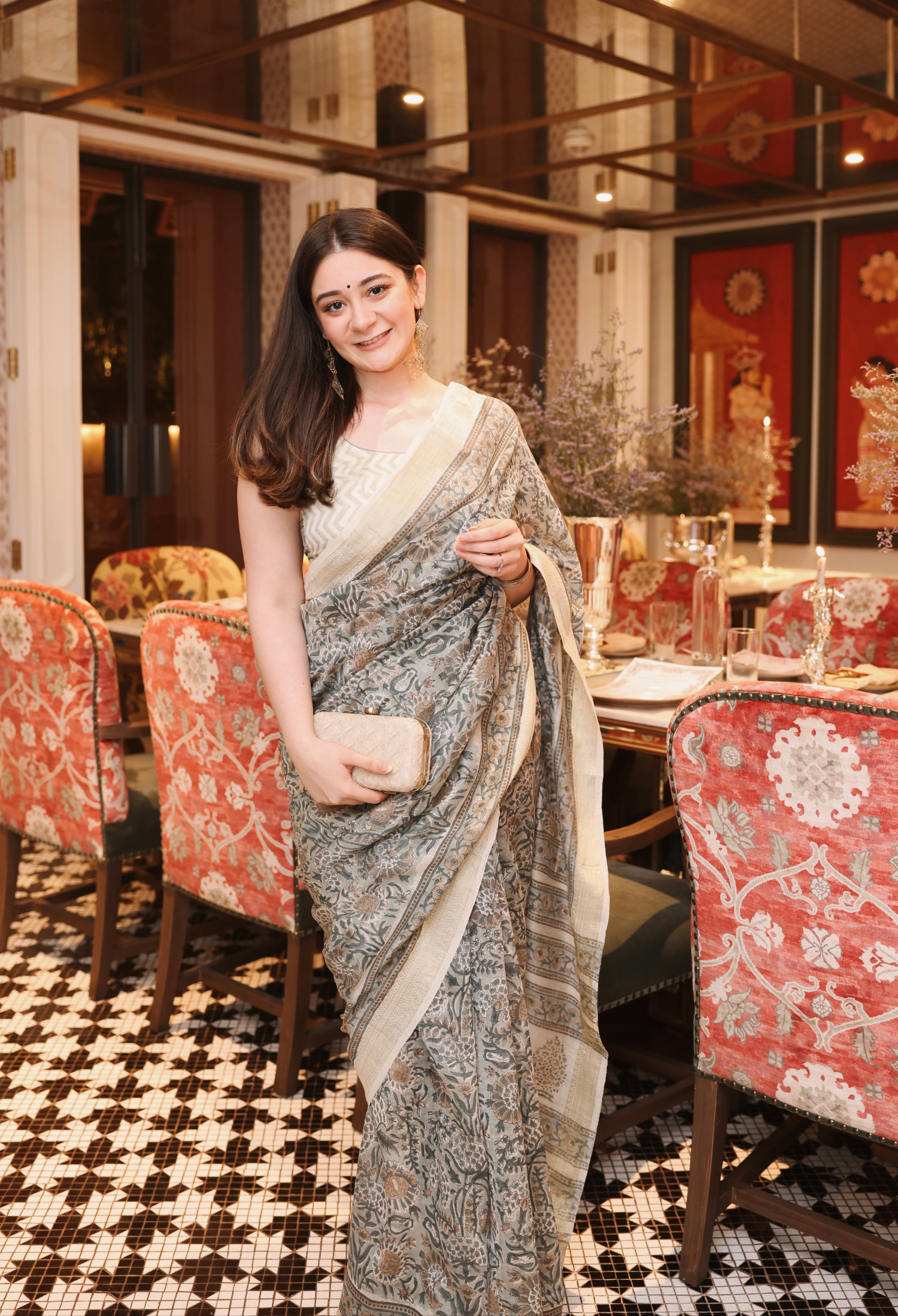 Bouganvillea Grey Printed Chanderi Silk Saree