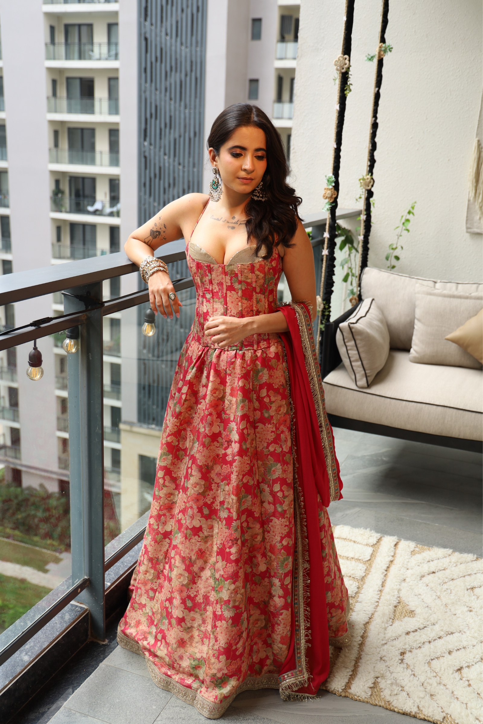 Roze Pink & Champagne Sequinned Corset Tissue Lehenga Set