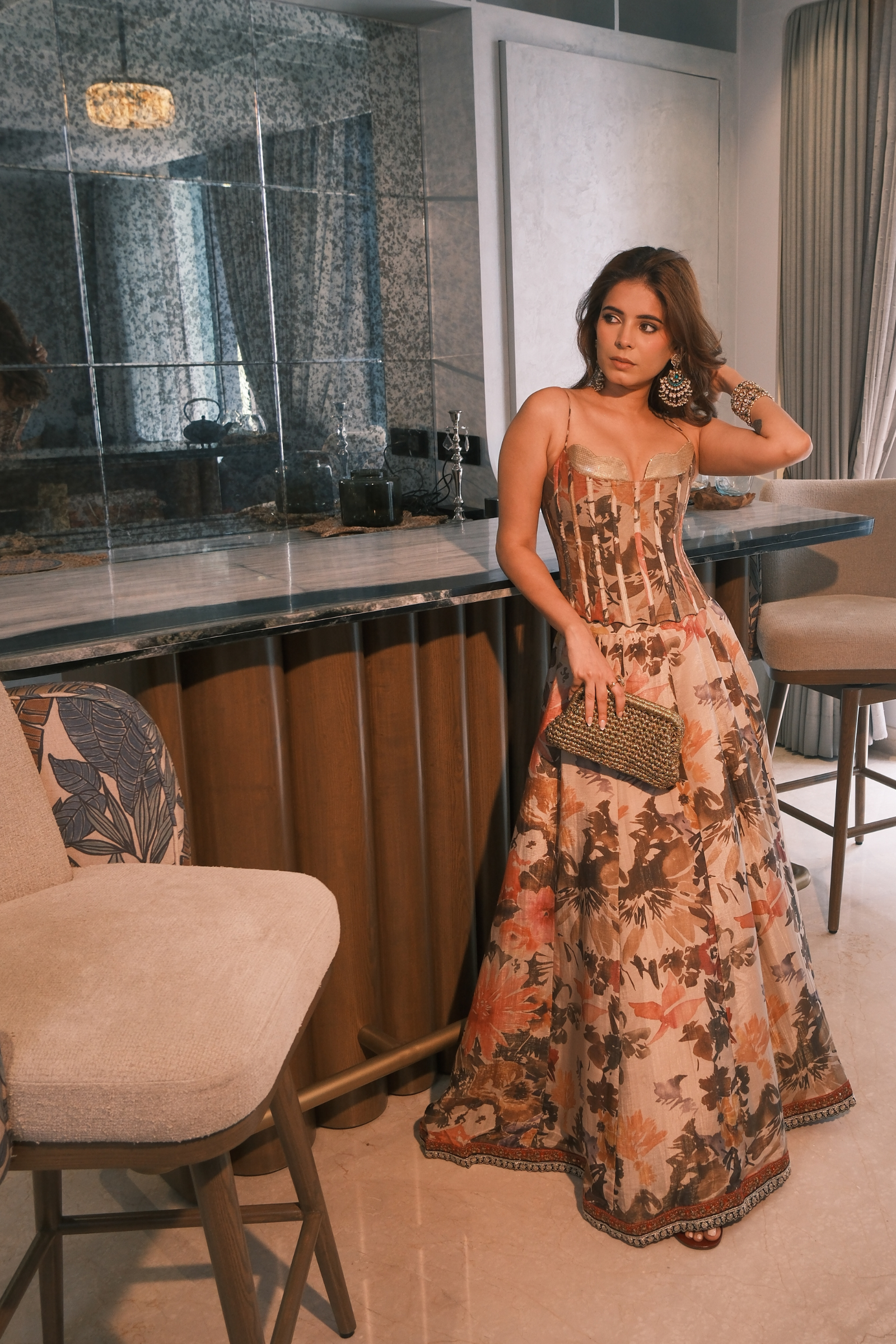 Maha Beige & Maroon Sequinned Corset Tissue Lehenga Set