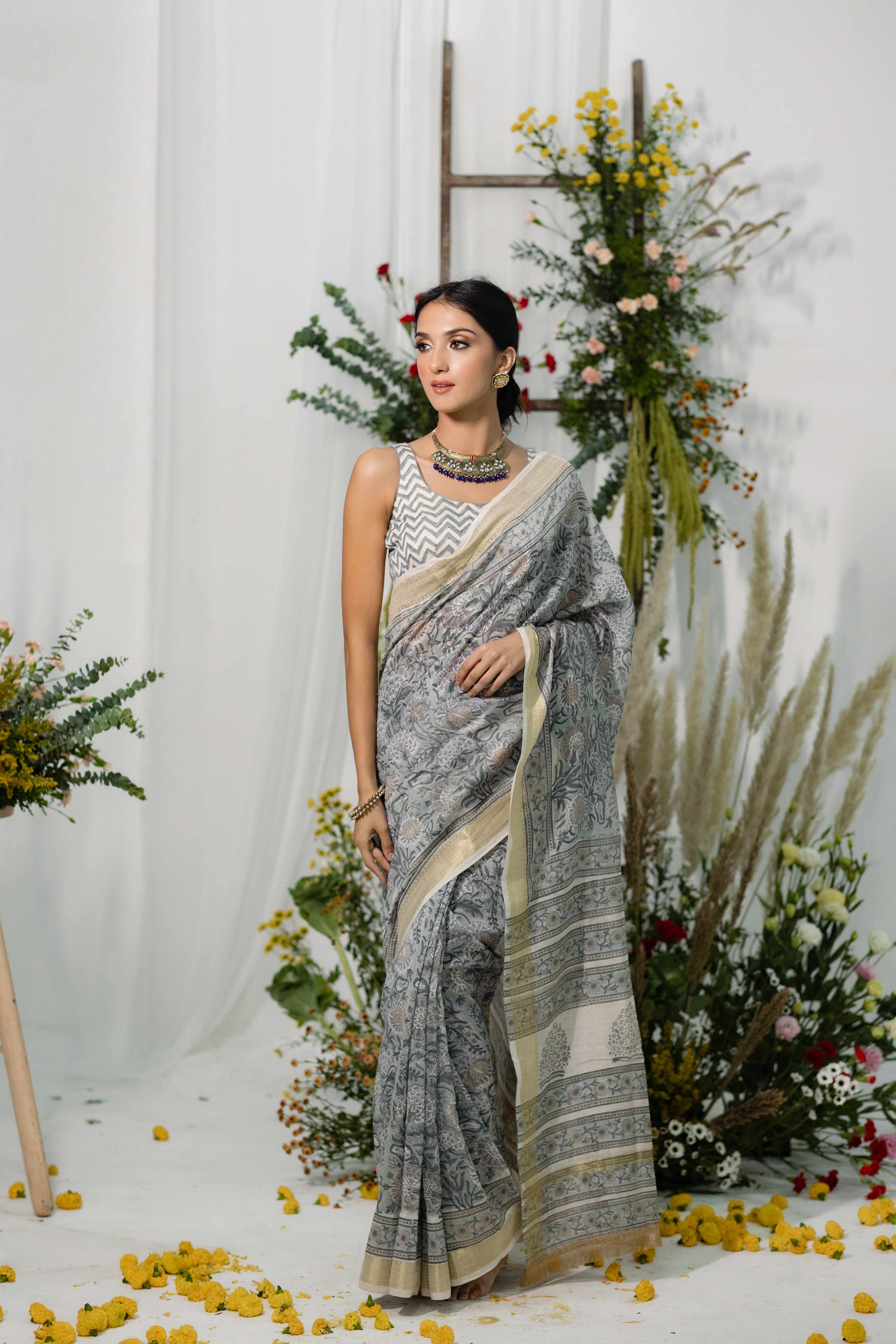 Bouganvillea Grey Printed Chanderi Silk Saree