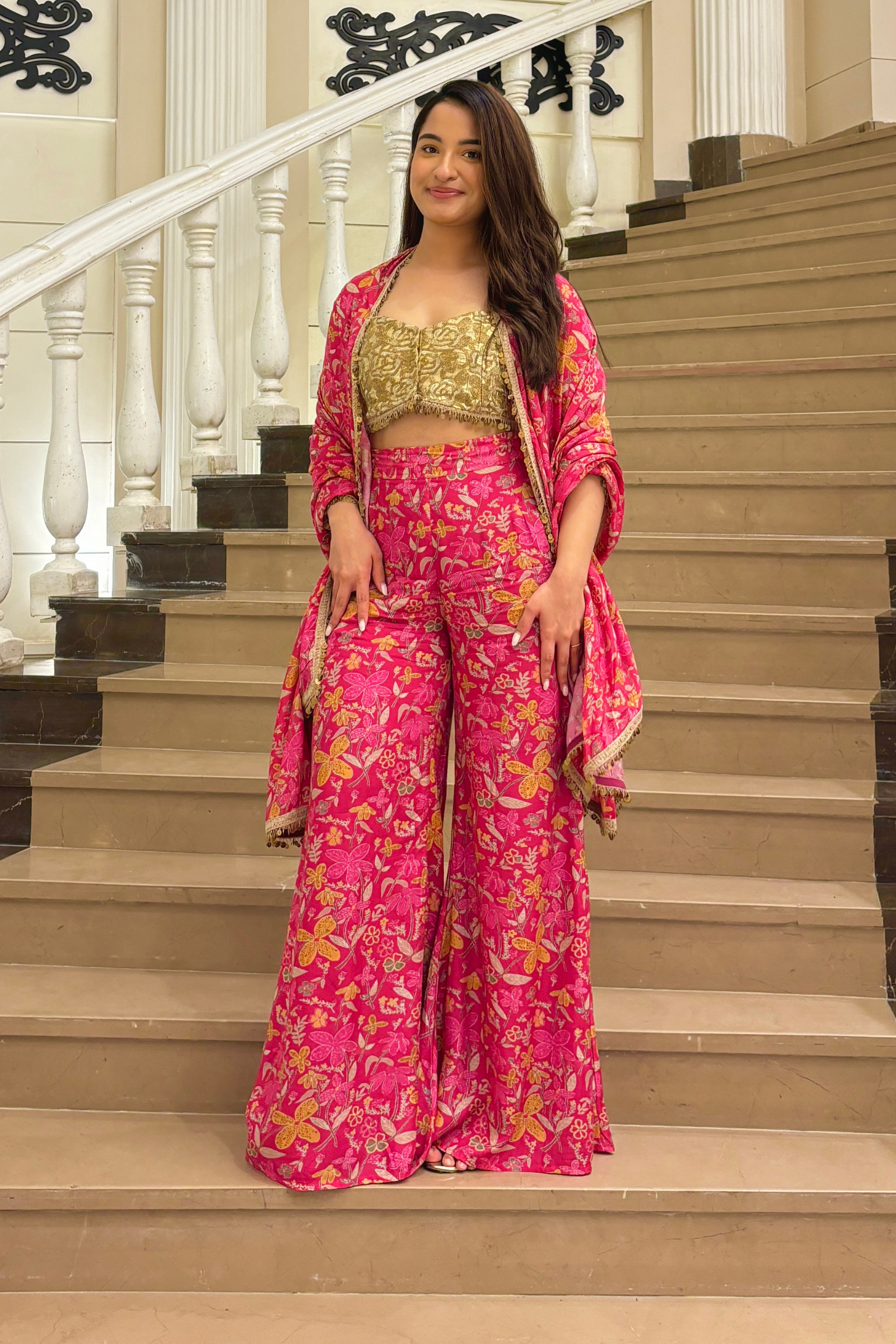 Mannat Hot Pink Muslin Sharara Set With Gold Embroidered Blouse