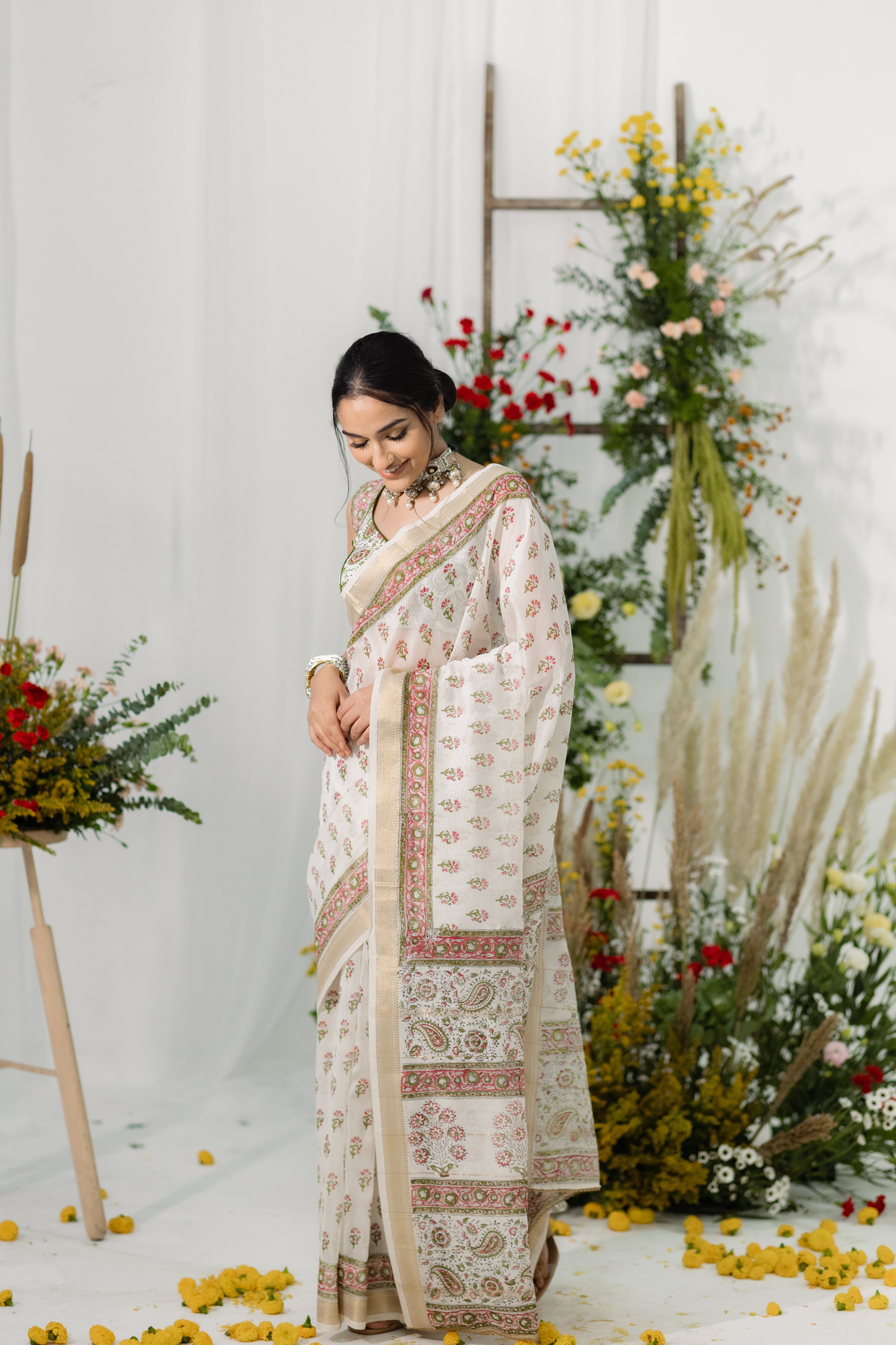 Gulbahaar White Printed Chanderi Silk Saree