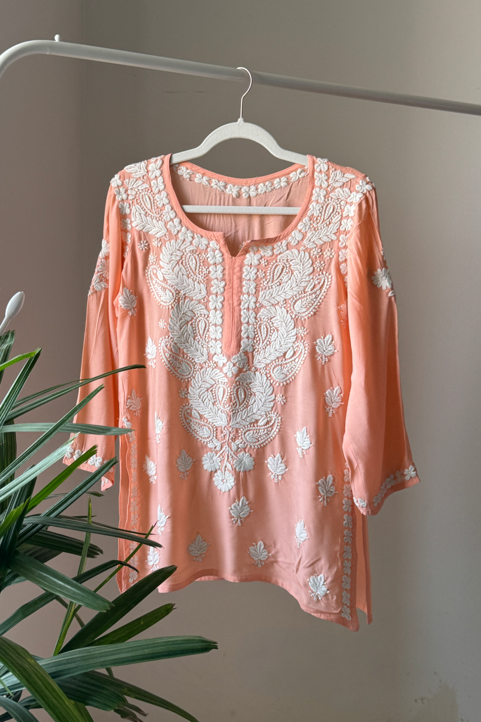 Fareedan Peach Modal Hand Embroidered Short Chikankari Kurti