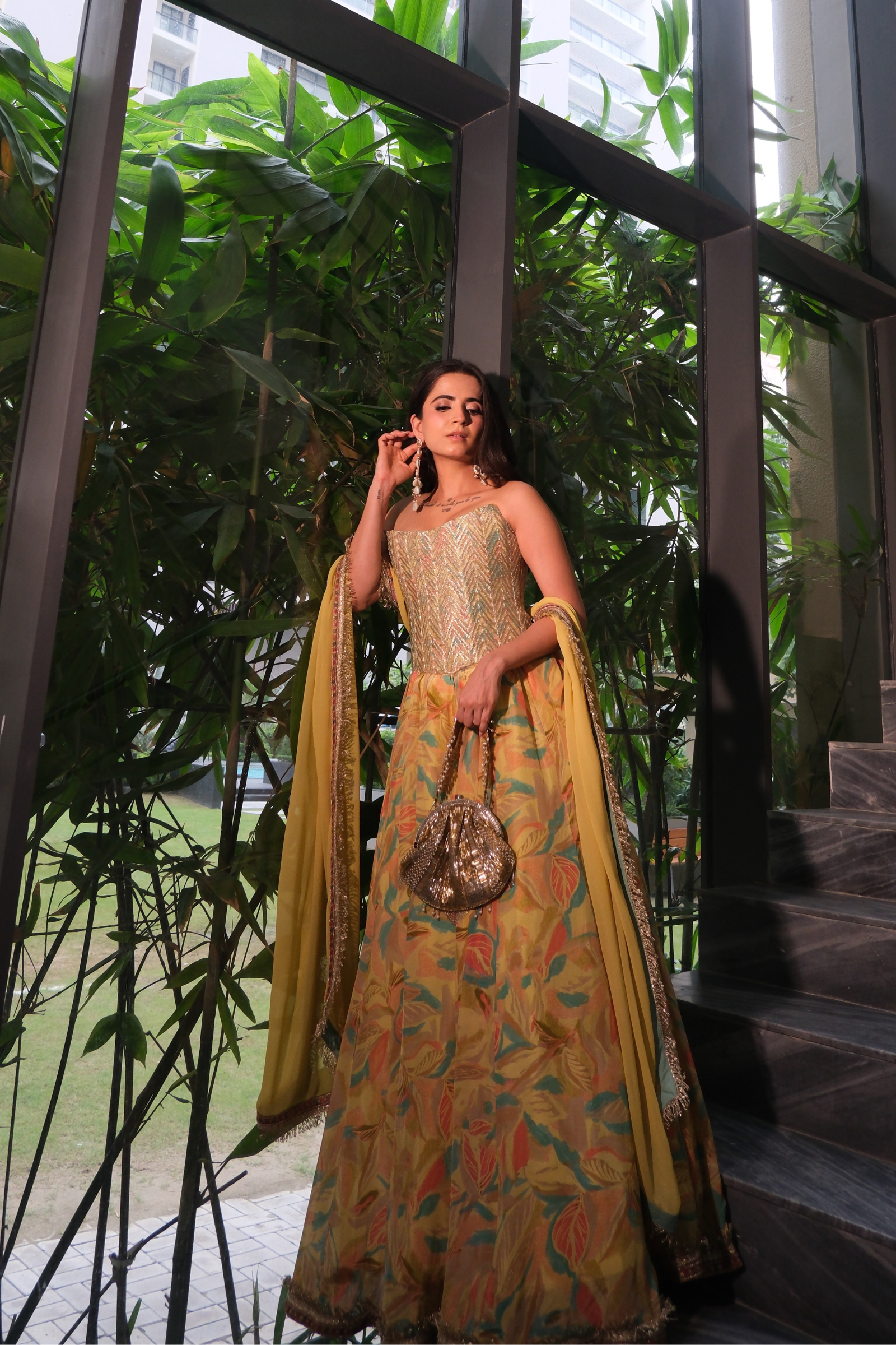 Amal Embroidered Corset and Yellow Crepe Lehenga Set