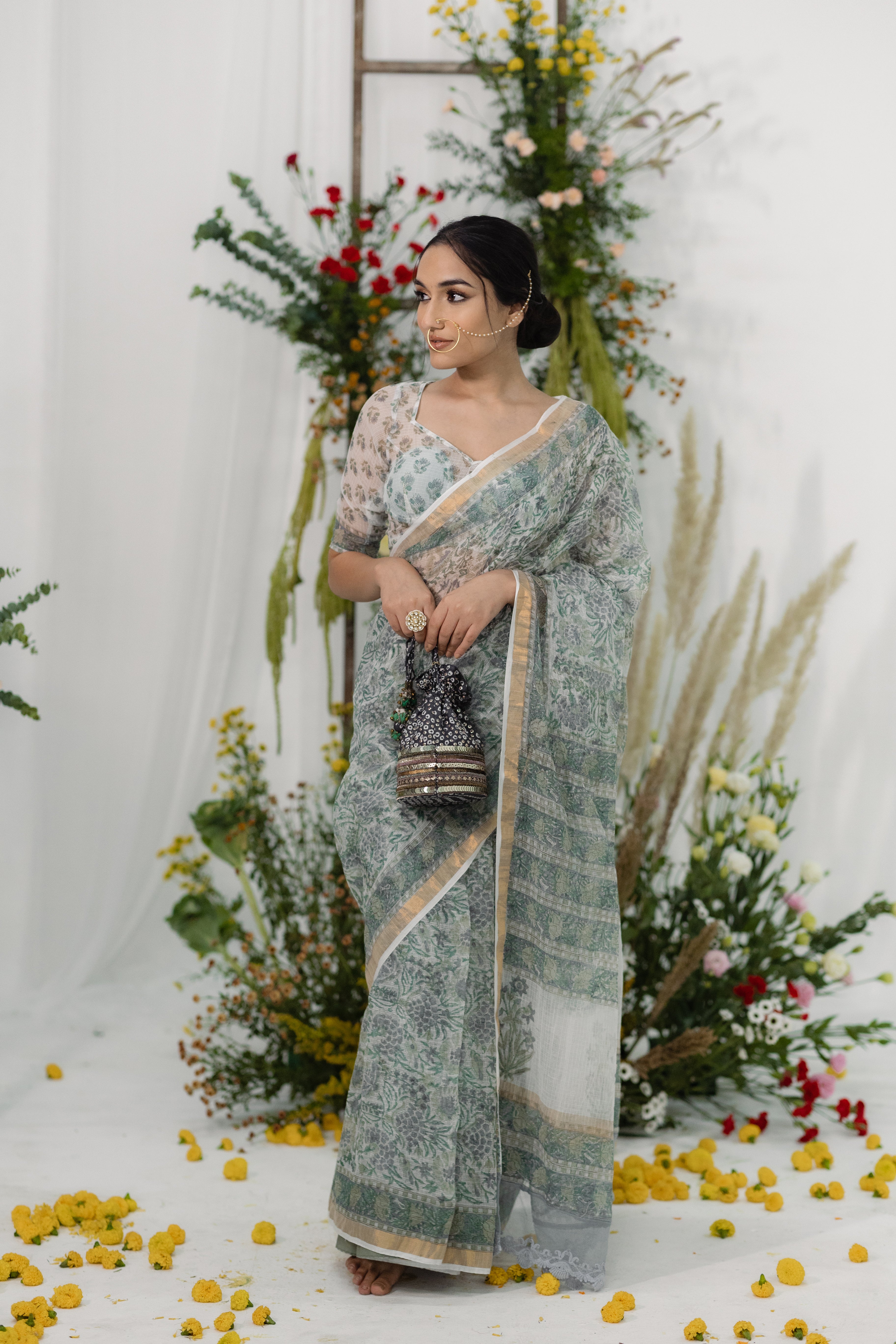 Nargis Green & White Printed Kota Doria Saree