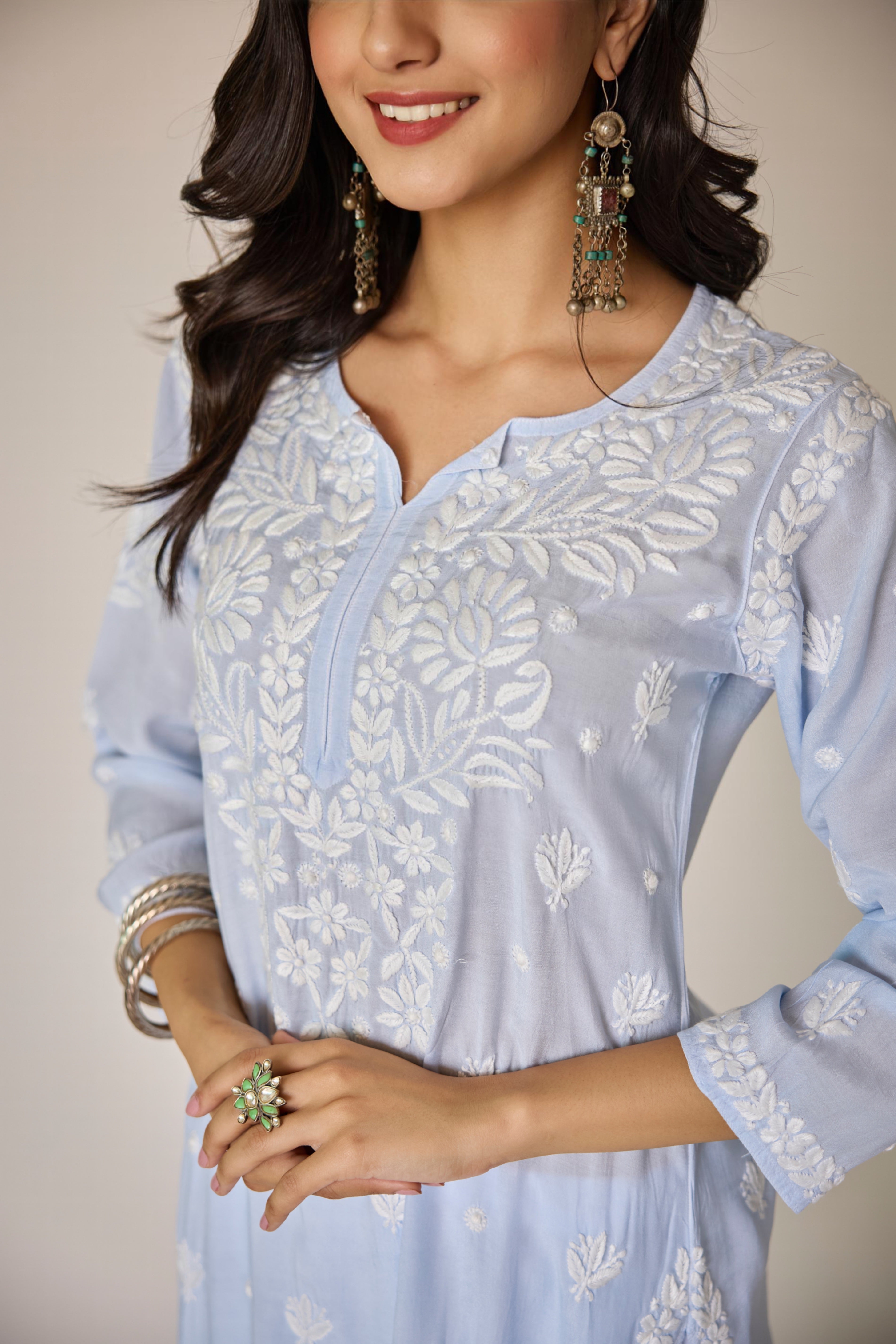 Paolo Powder Blue Muslin Hand Embroidered Chikankari Kurta