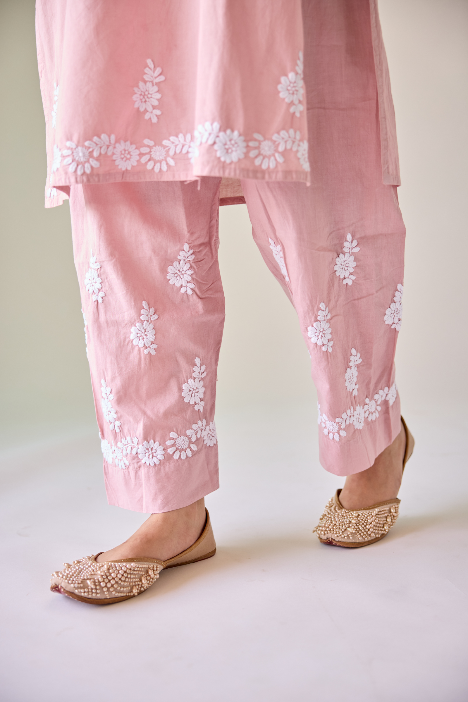 Mira Pink Cotton Hand Embroidered Chikankari Kurta & Pant Set