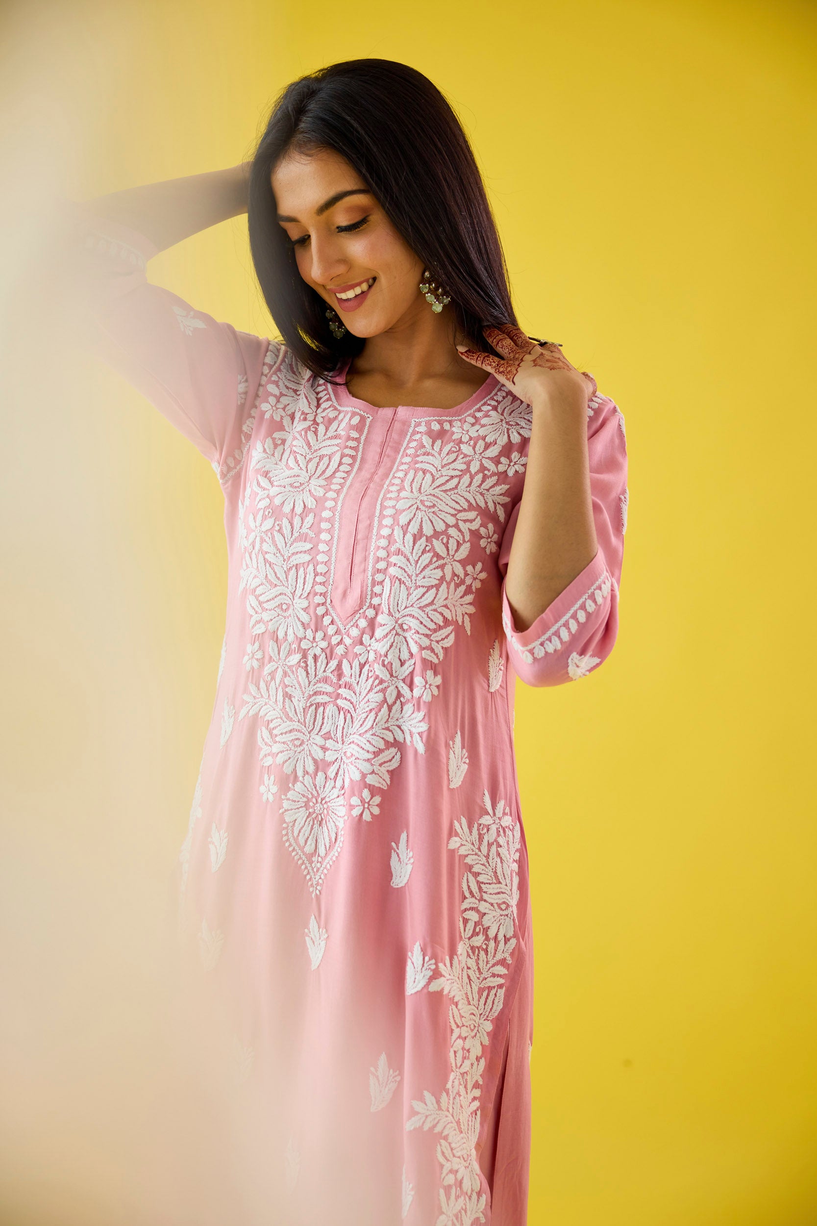 Mehtap Baby Pink Modal Hand Embroidered Chikankari Kurta & Pant Set