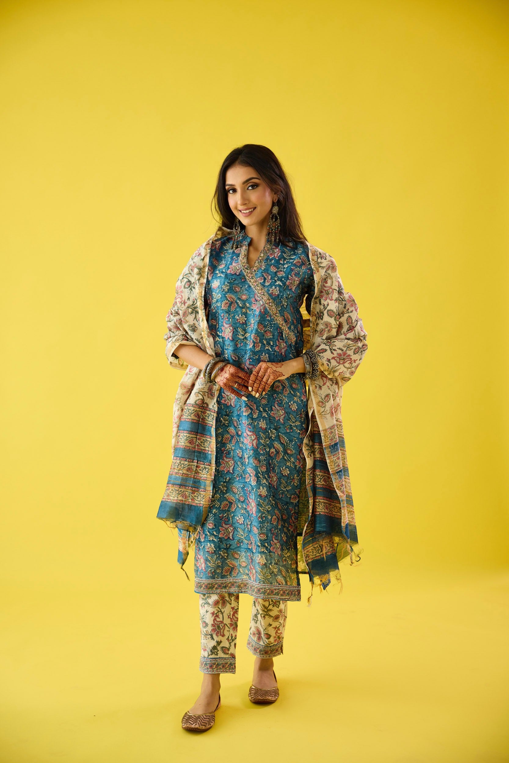 Roohani Blue & White Chanderi Hand Embroidered Kurta Set