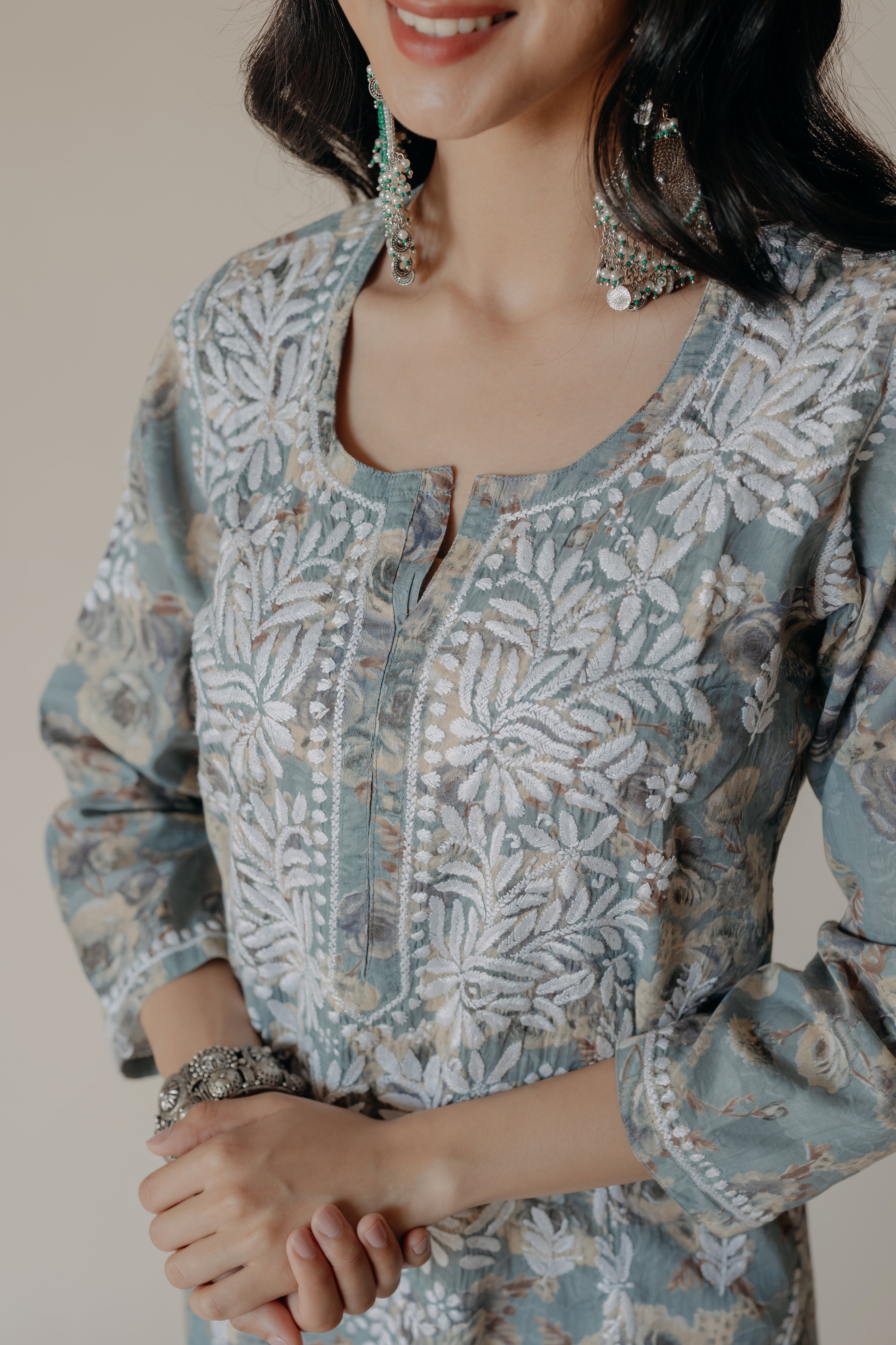 Gauri Blue Mulmul Chikankari Printed Kurta
