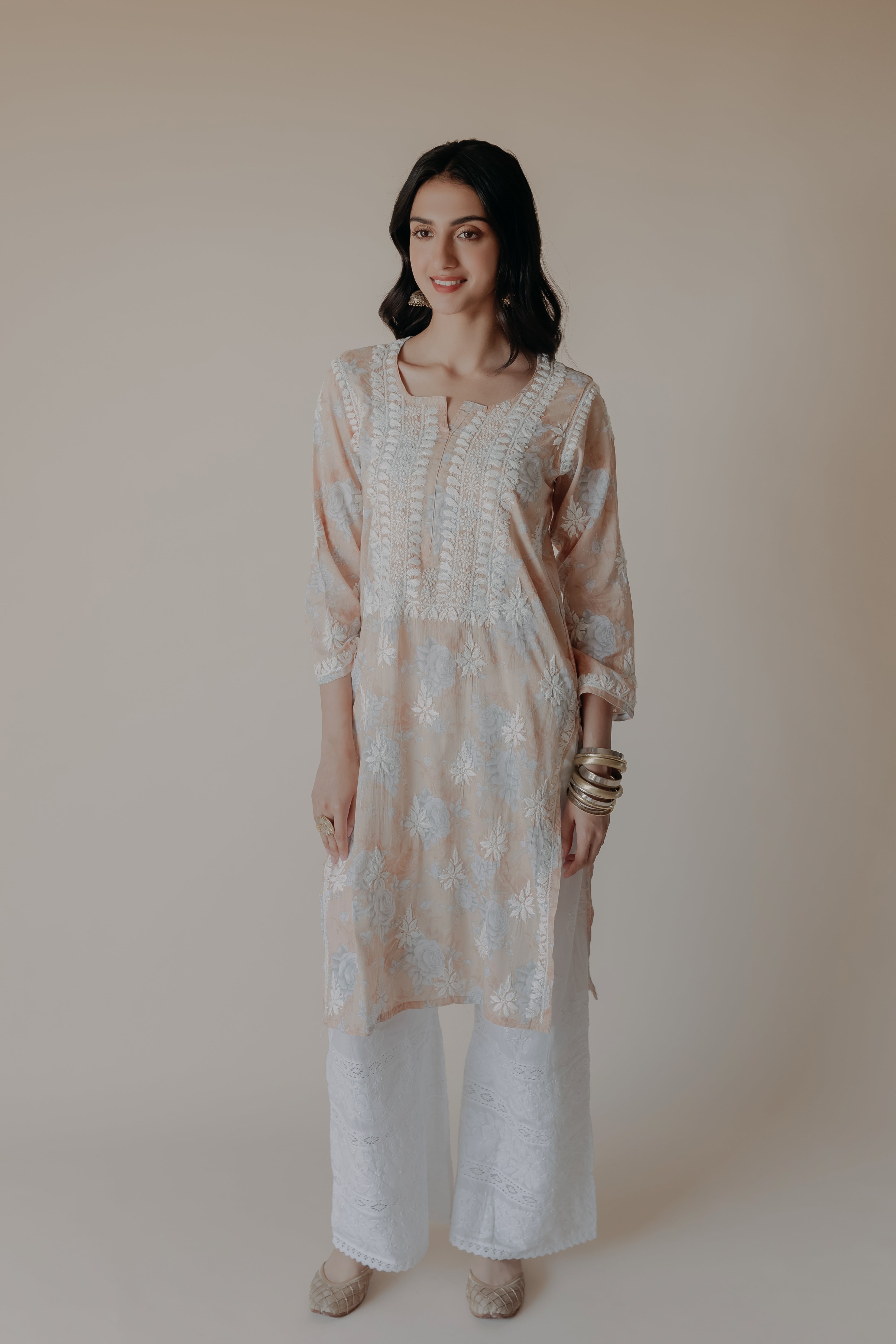 Anam Peach Mulmul Chikankari Printed Kurta