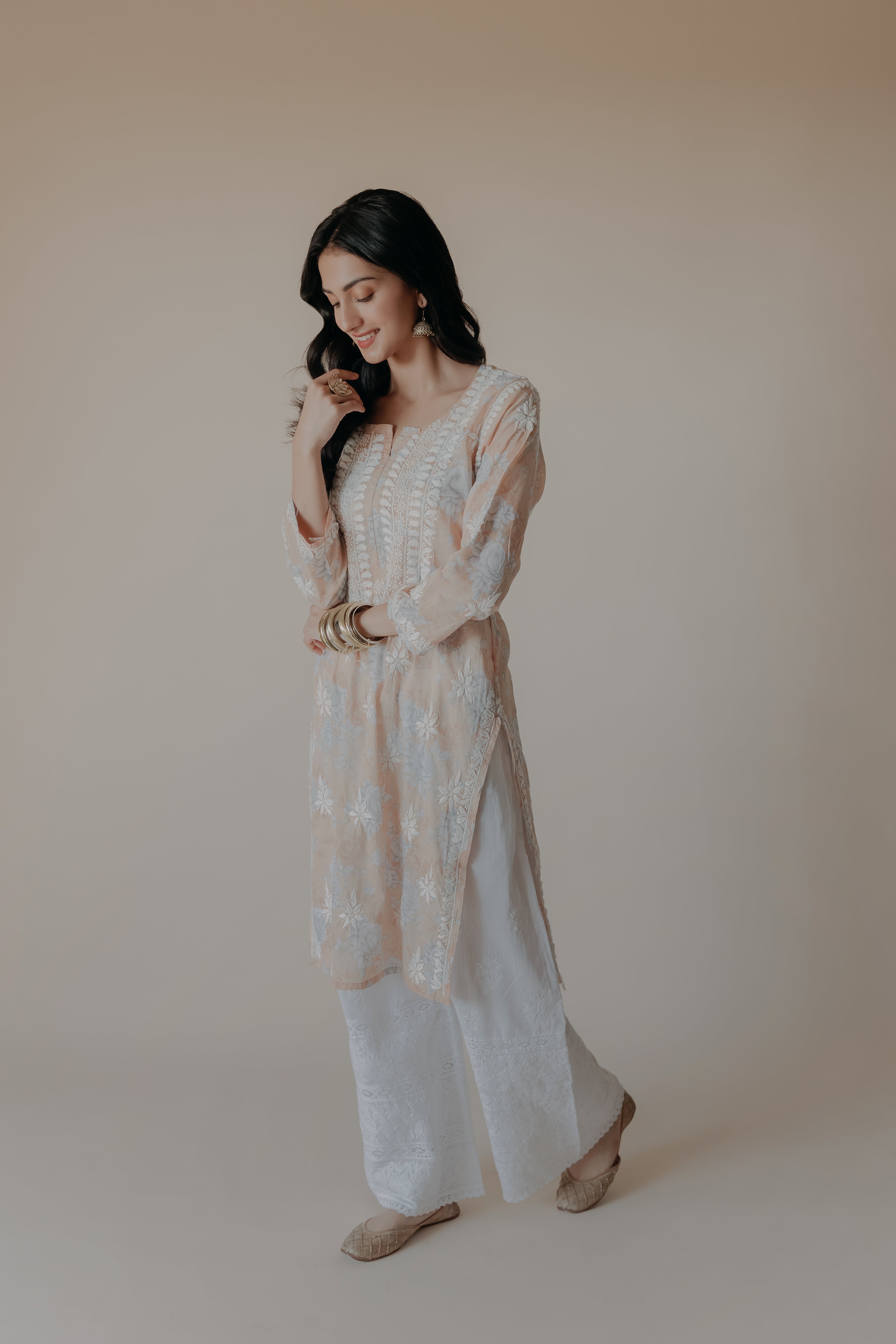 Anam Peach Mulmul Chikankari Printed Kurta