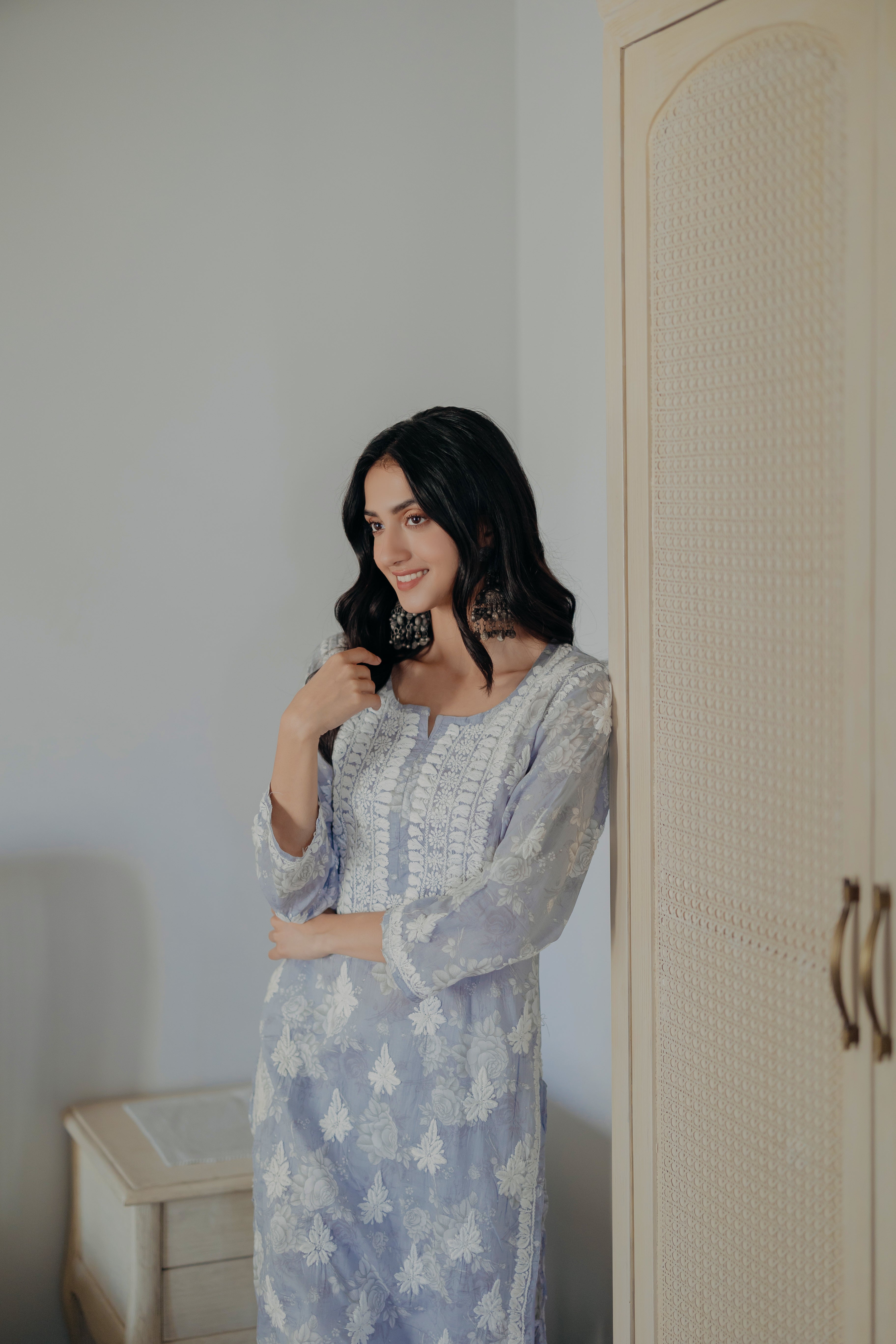 Adiva Blue Mulmul Chikankari Printed Kurta