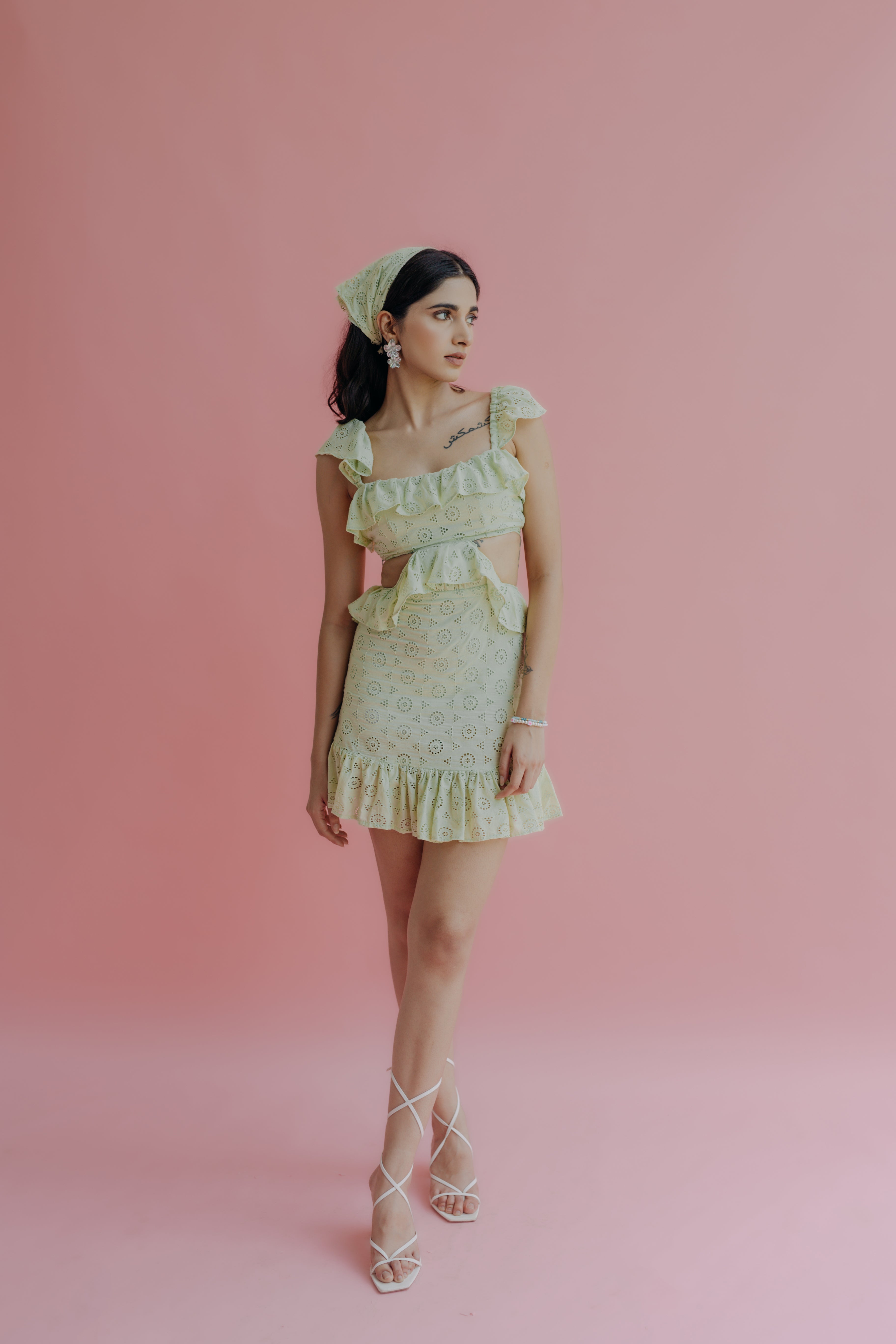 Chloe Pastel Green Schiffli Cut-Out Mini Dress