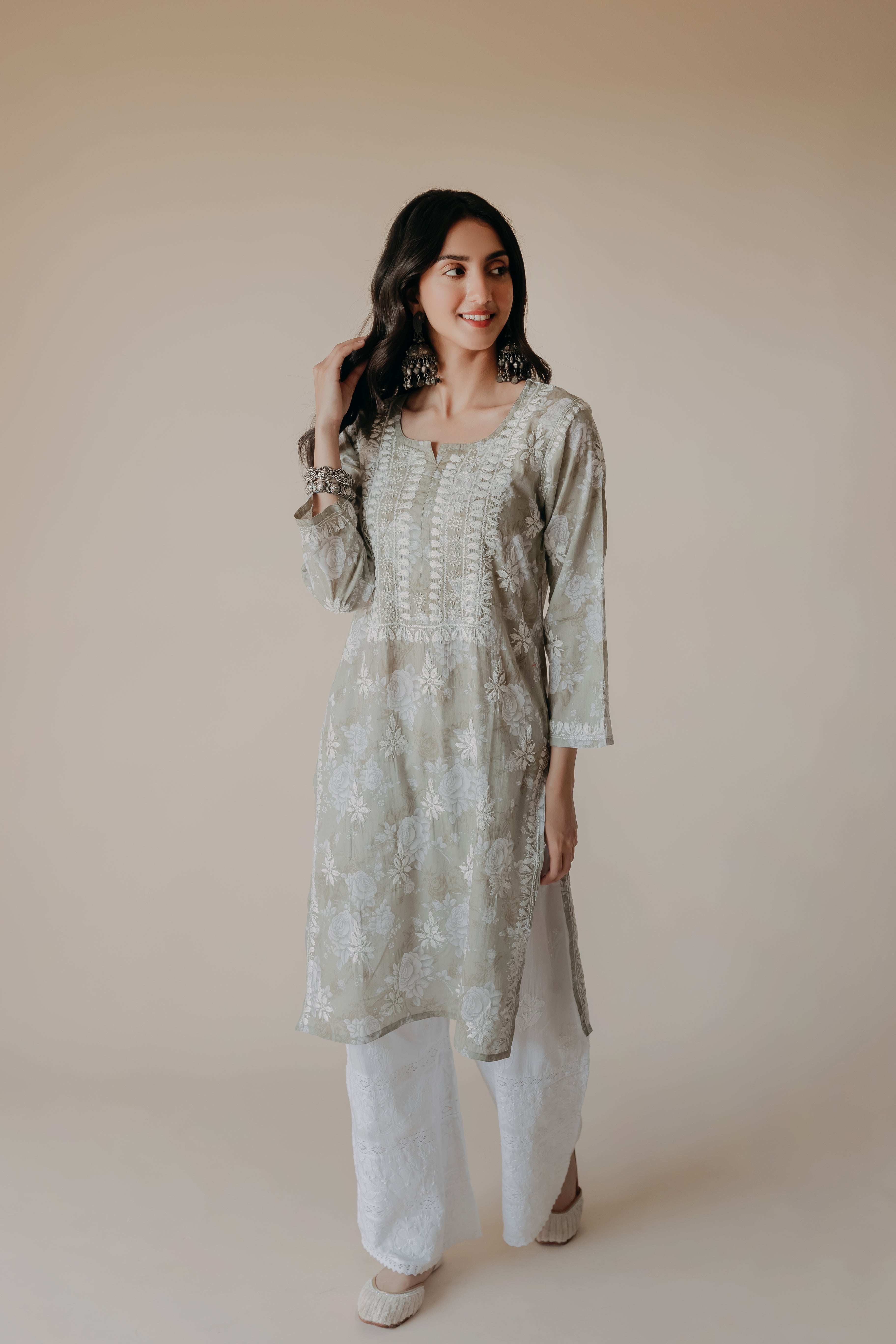 Farah Green Mulmul Chikankari Printed Kurta