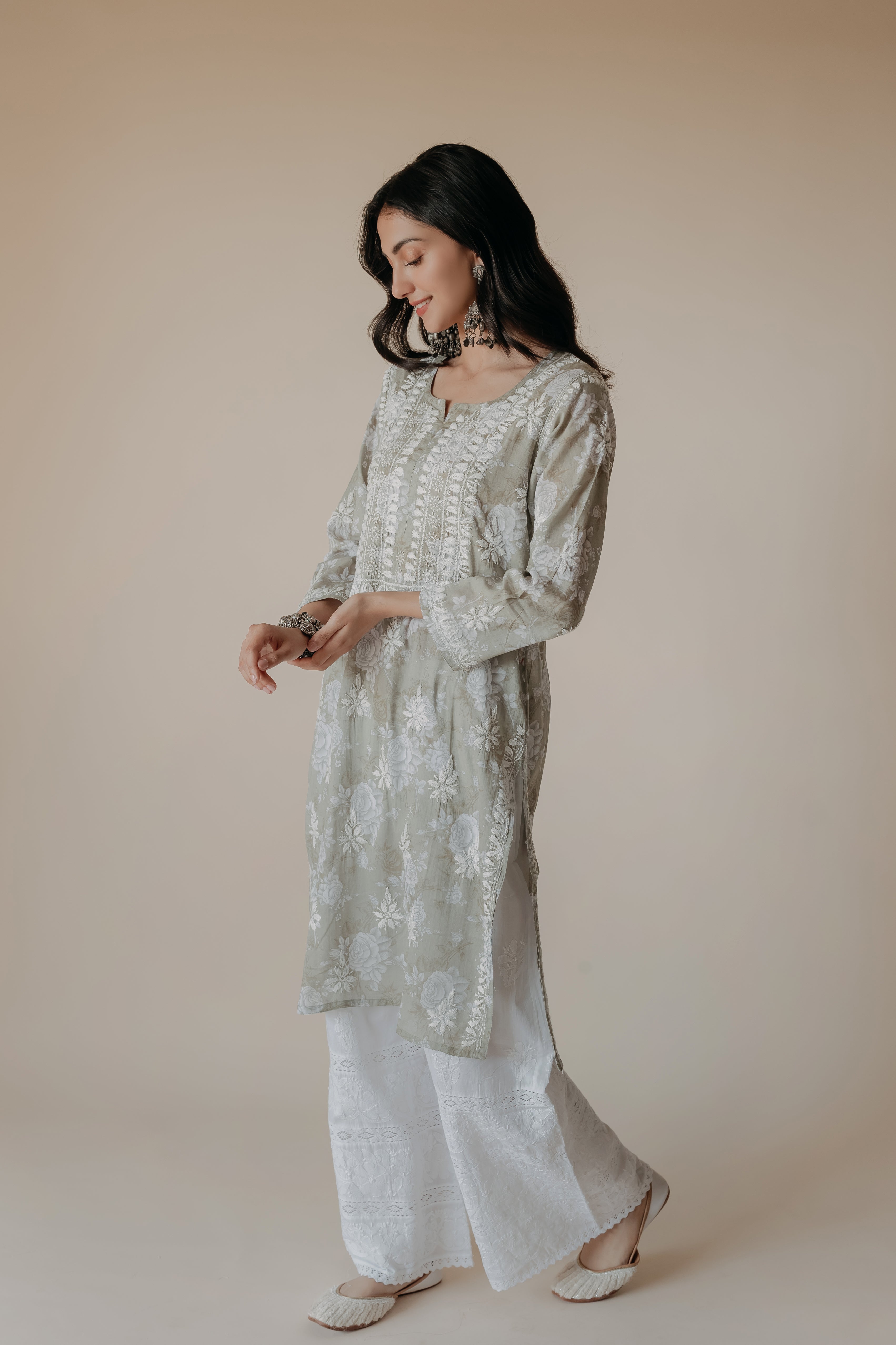 Farah Green Mulmul Chikankari Printed Kurta