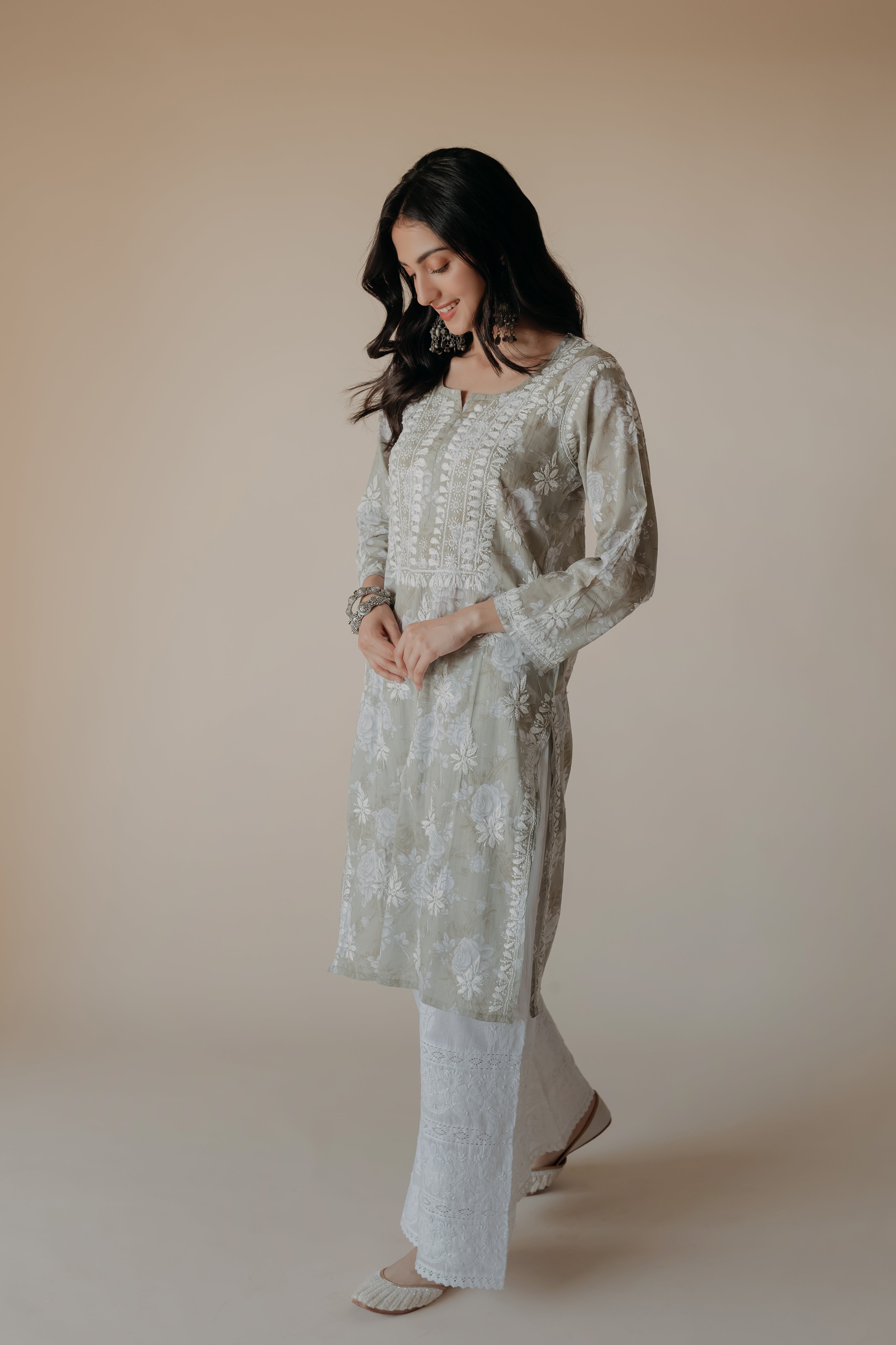 Farah Green Mulmul Chikankari Printed Kurta