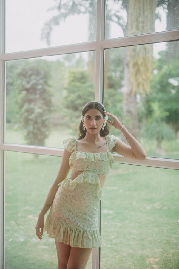 Chloe Pastel Green Schiffli Cut-Out Mini Dress