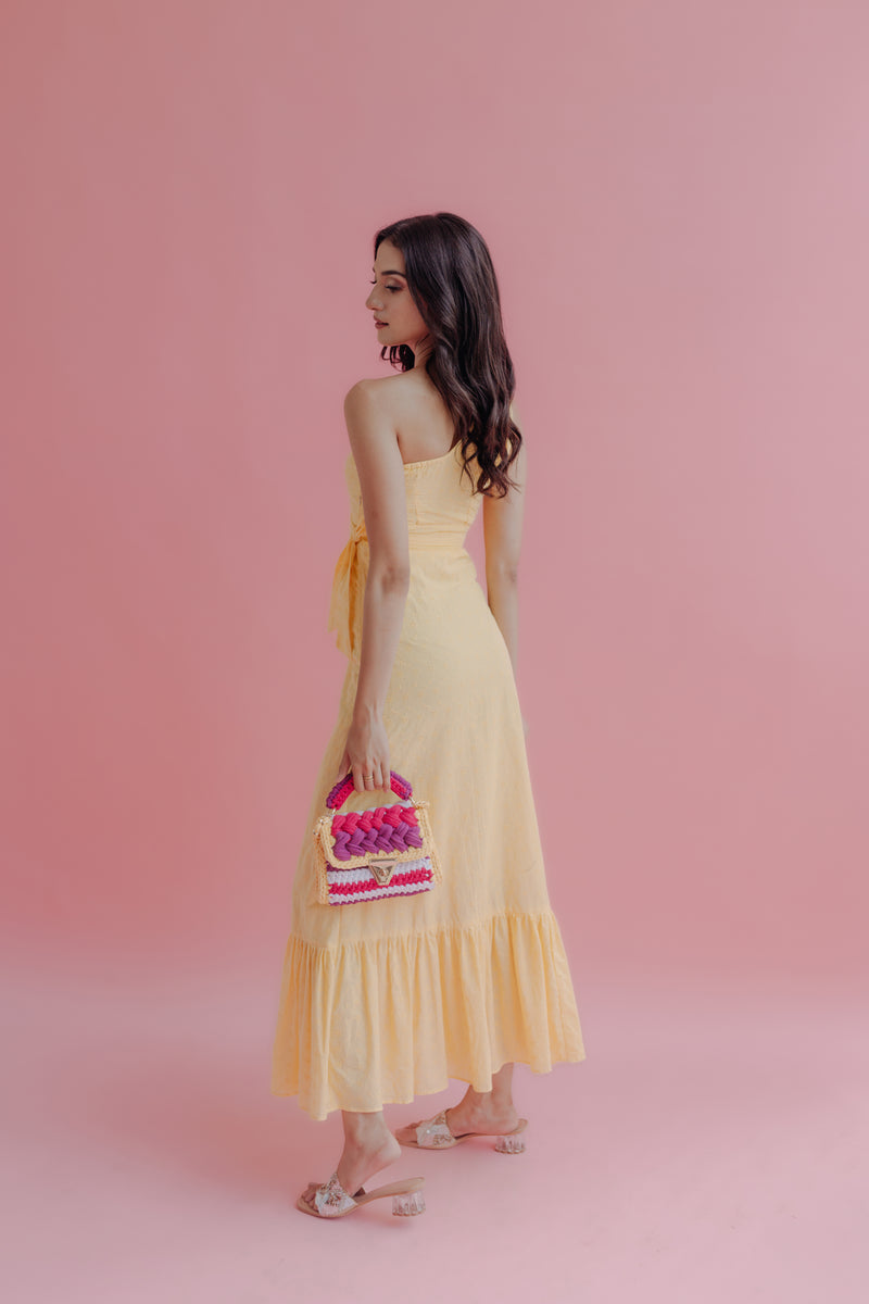 Iliana Yellow Schiffli One Shoulder Midi Dress