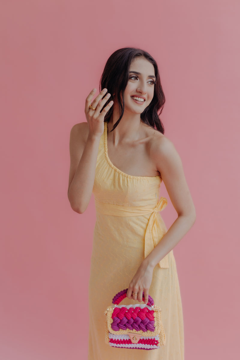 Iliana Yellow Schiffli One Shoulder Midi Dress