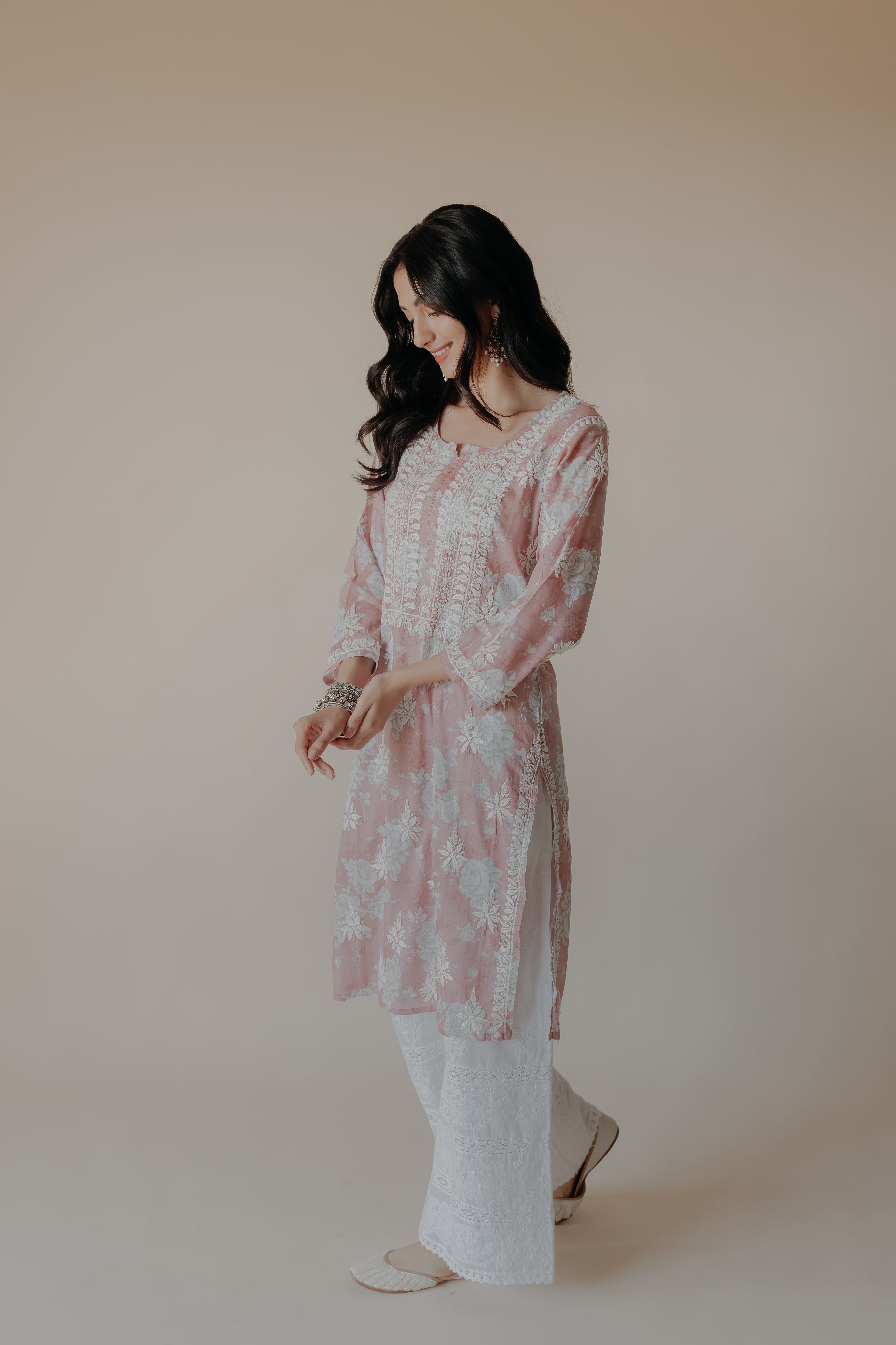 Zubi Pink Mulmul Chikankari Printed Kurta