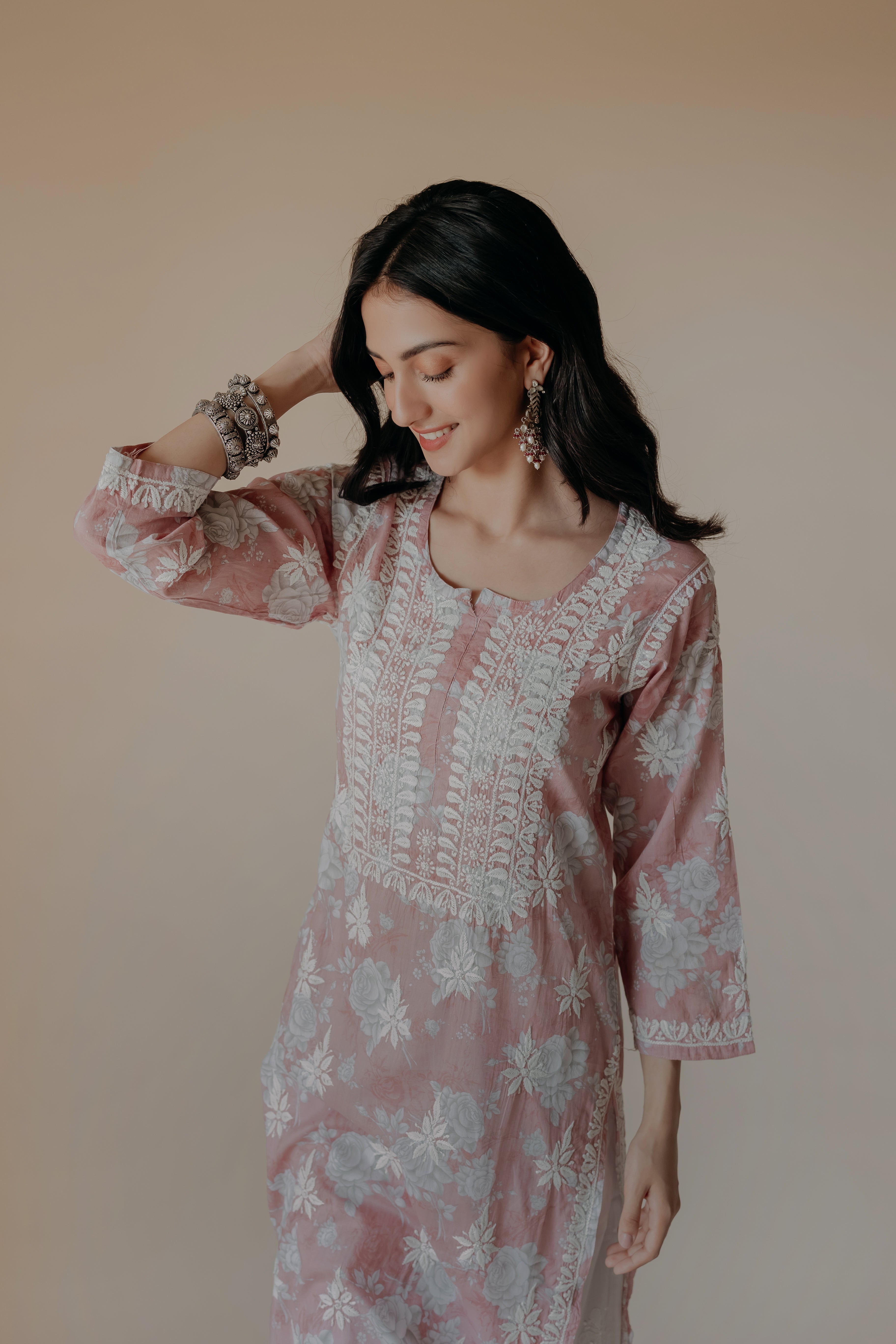 Zubi Pink Mulmul Chikankari Printed Kurta