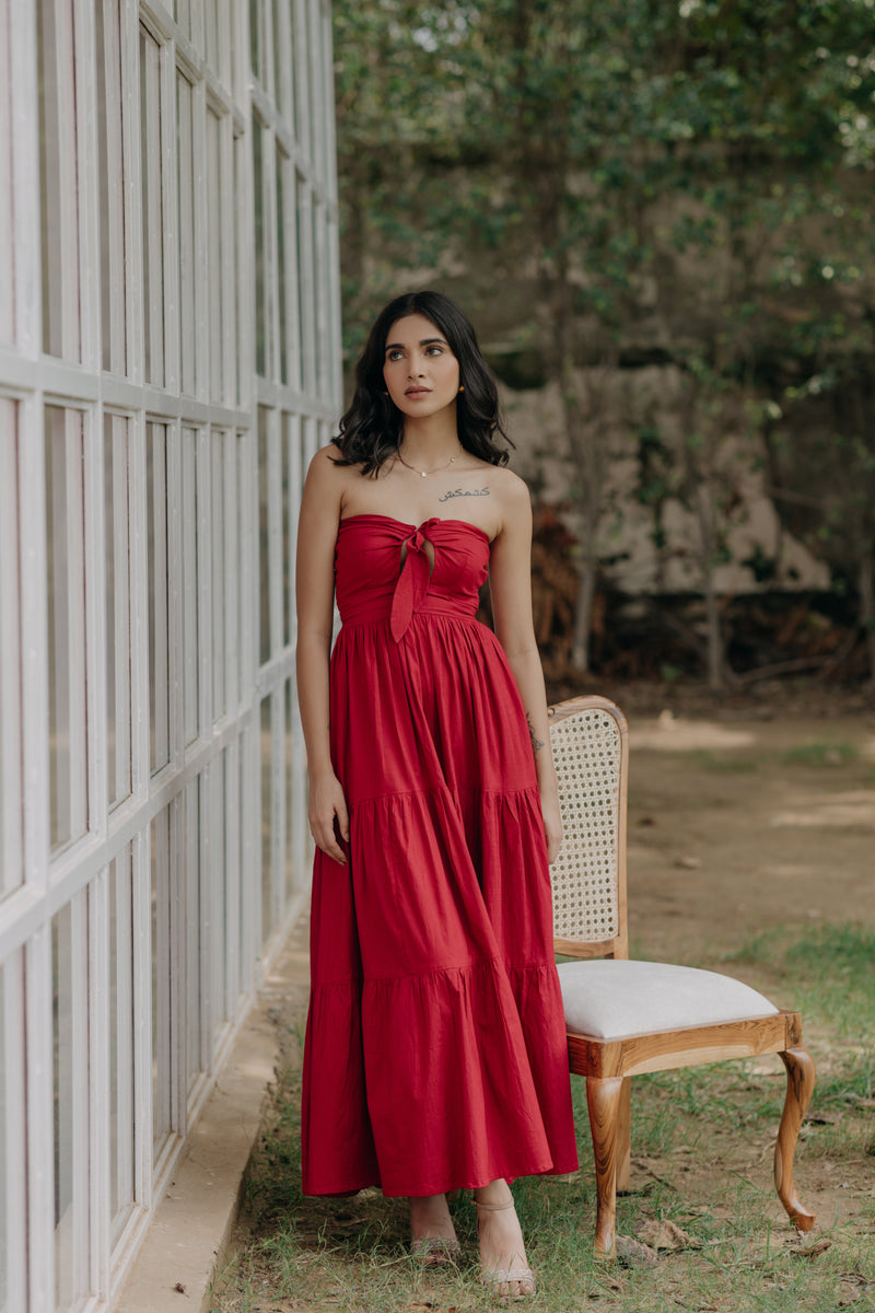 Red strapless sales maxi dress
