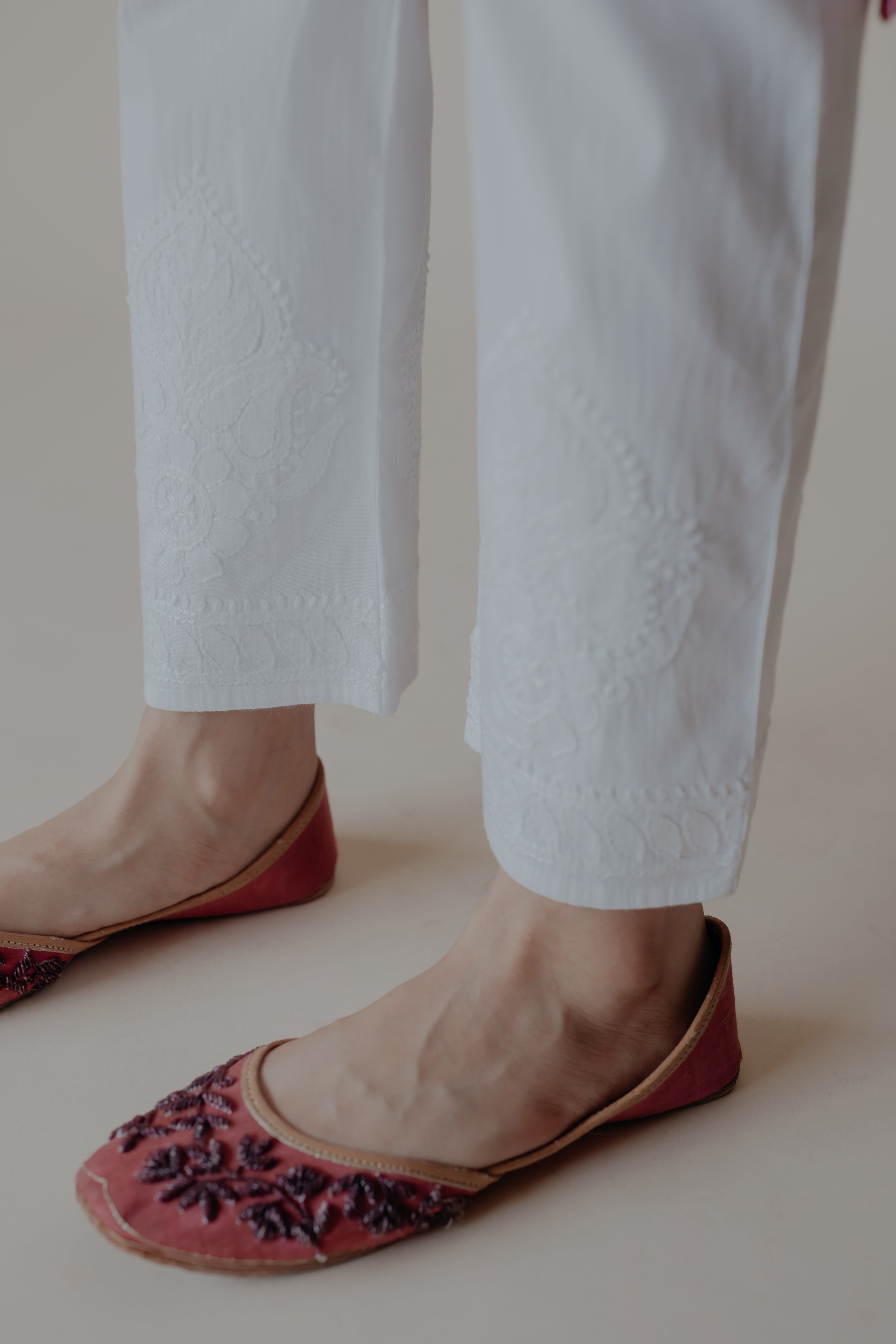 Sukoon White Cotton Lycra Hand Embroidered Chikankari Straight Pant
