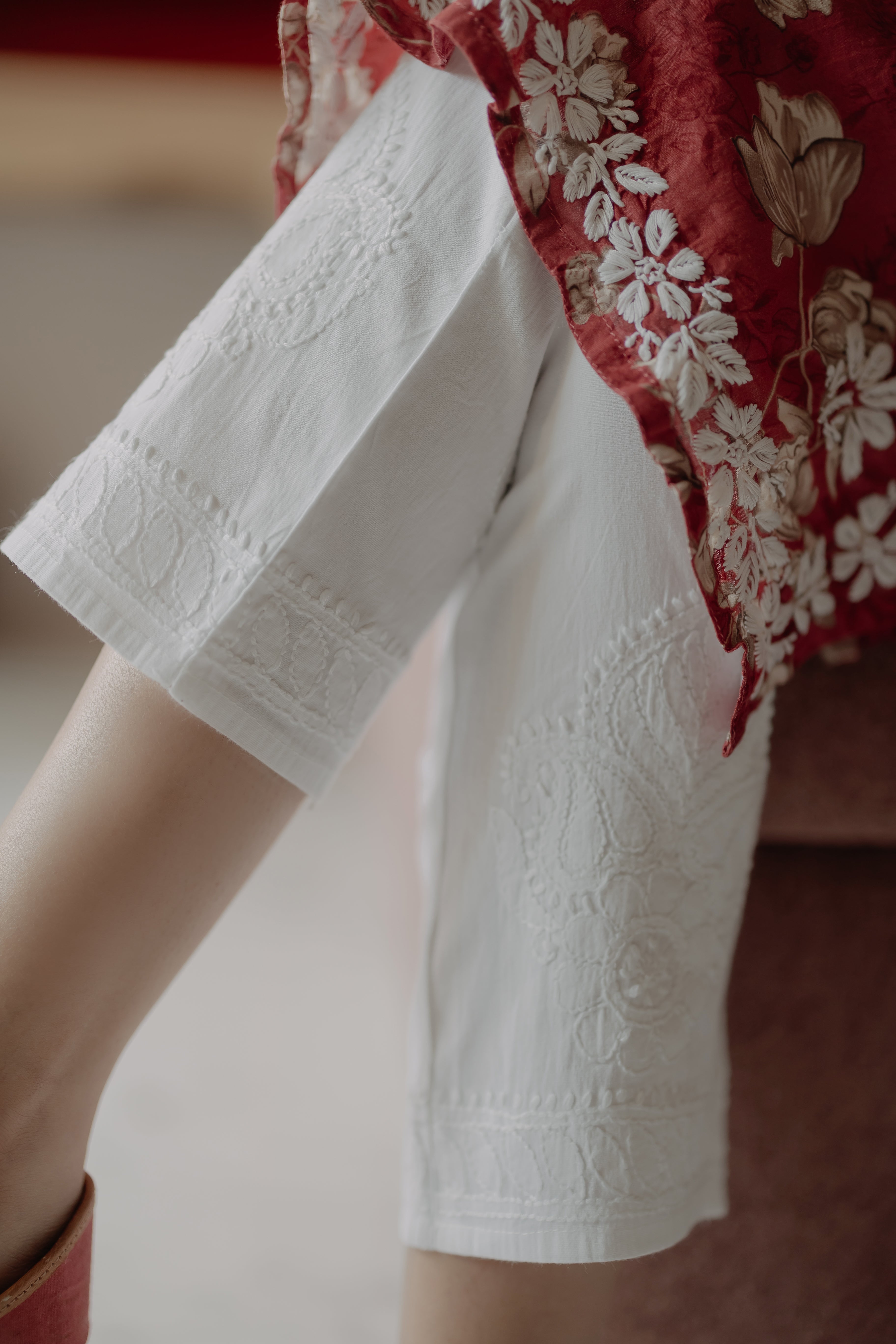 Sukoon White Cotton Lycra Hand Embroidered Chikankari Straight Pant