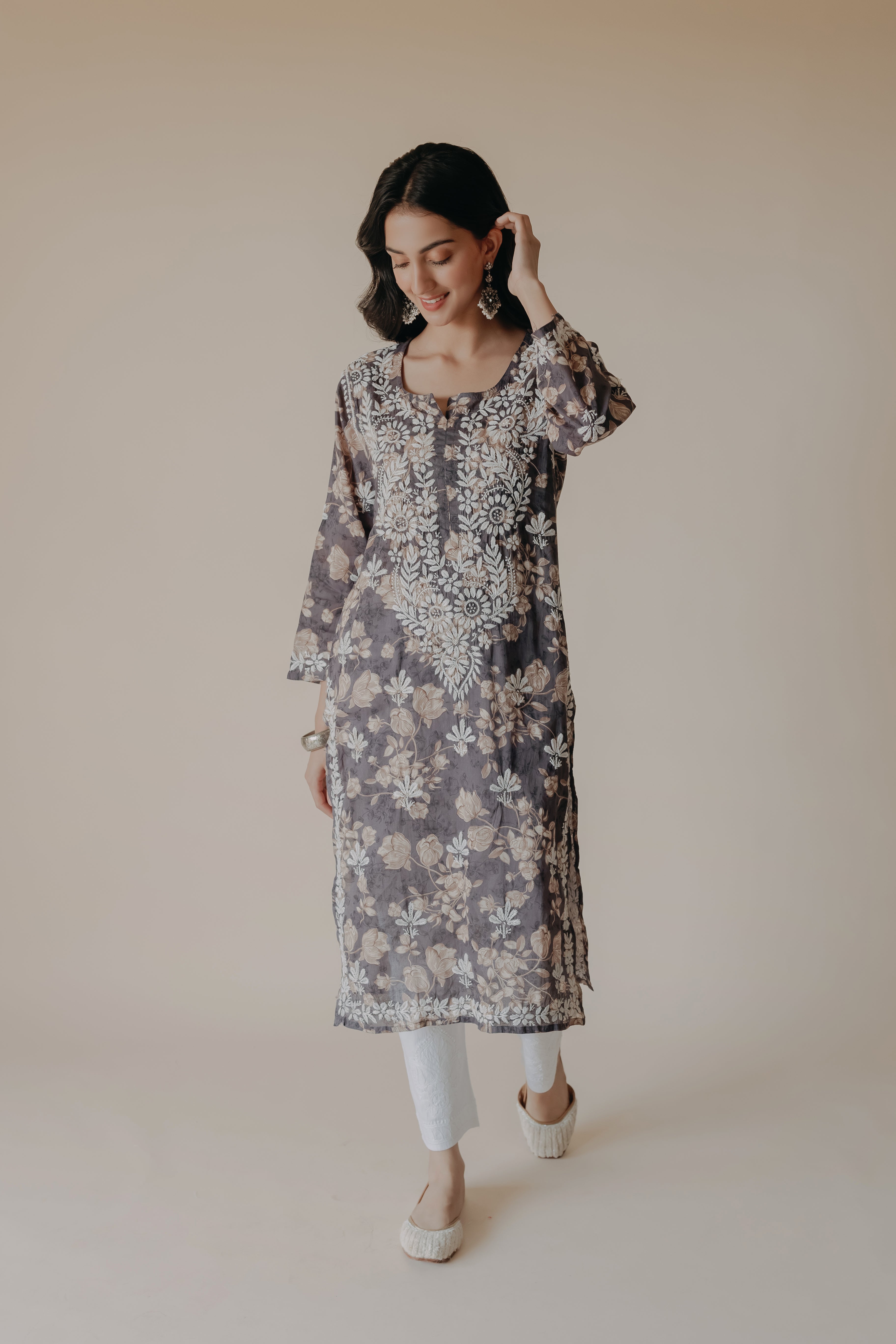 Ruhi Grey Mulmul Chikankari Printed Kurta